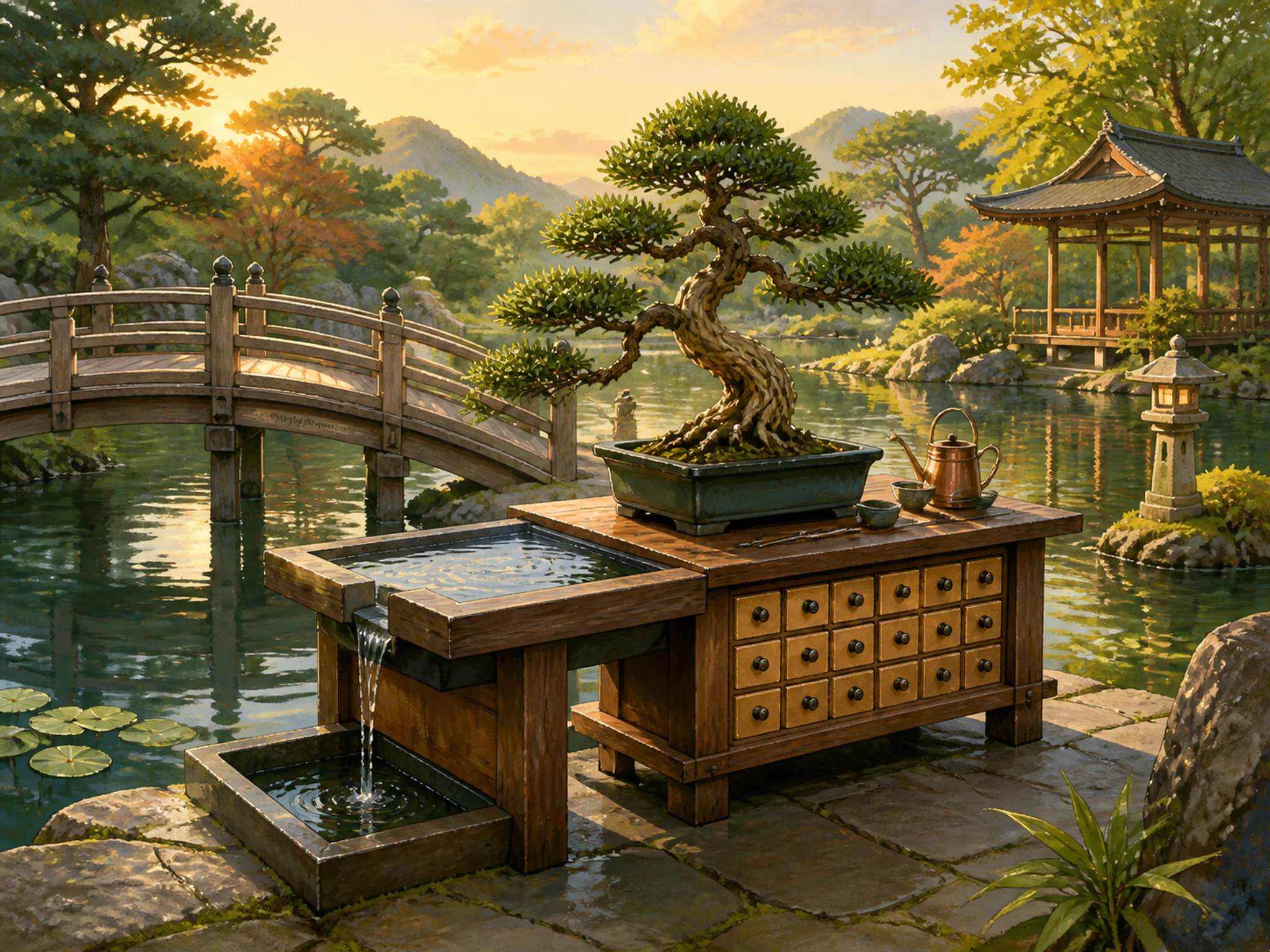 Bonsai Bench collecting water beside number-free seed drawer in a reflective water garden, with layered scenery and warm late-day sunlight.