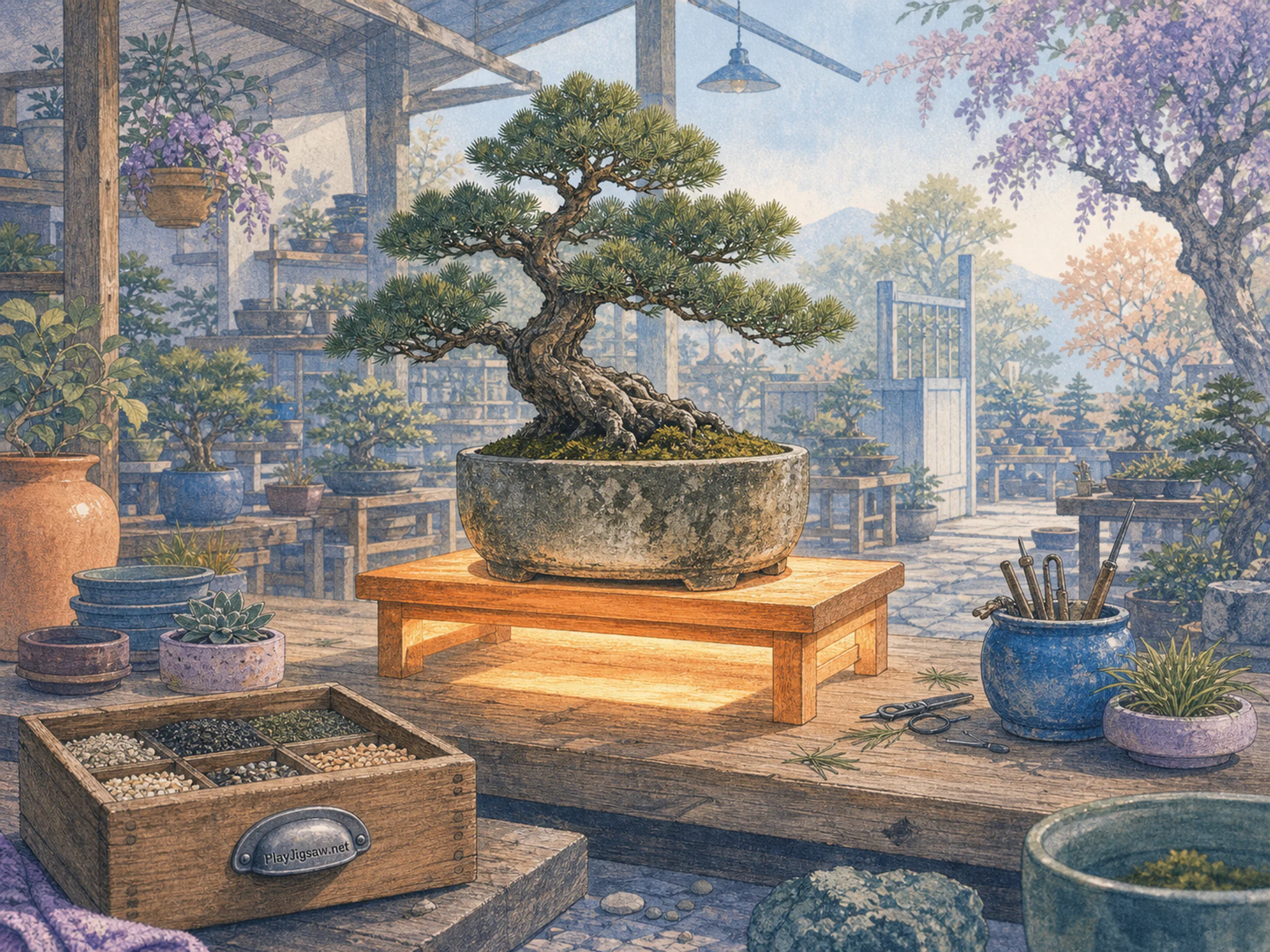 Bonsai Bench glowing beneath aged stone planter in a busy plant nursery, with layered scenery and clear early morning light.