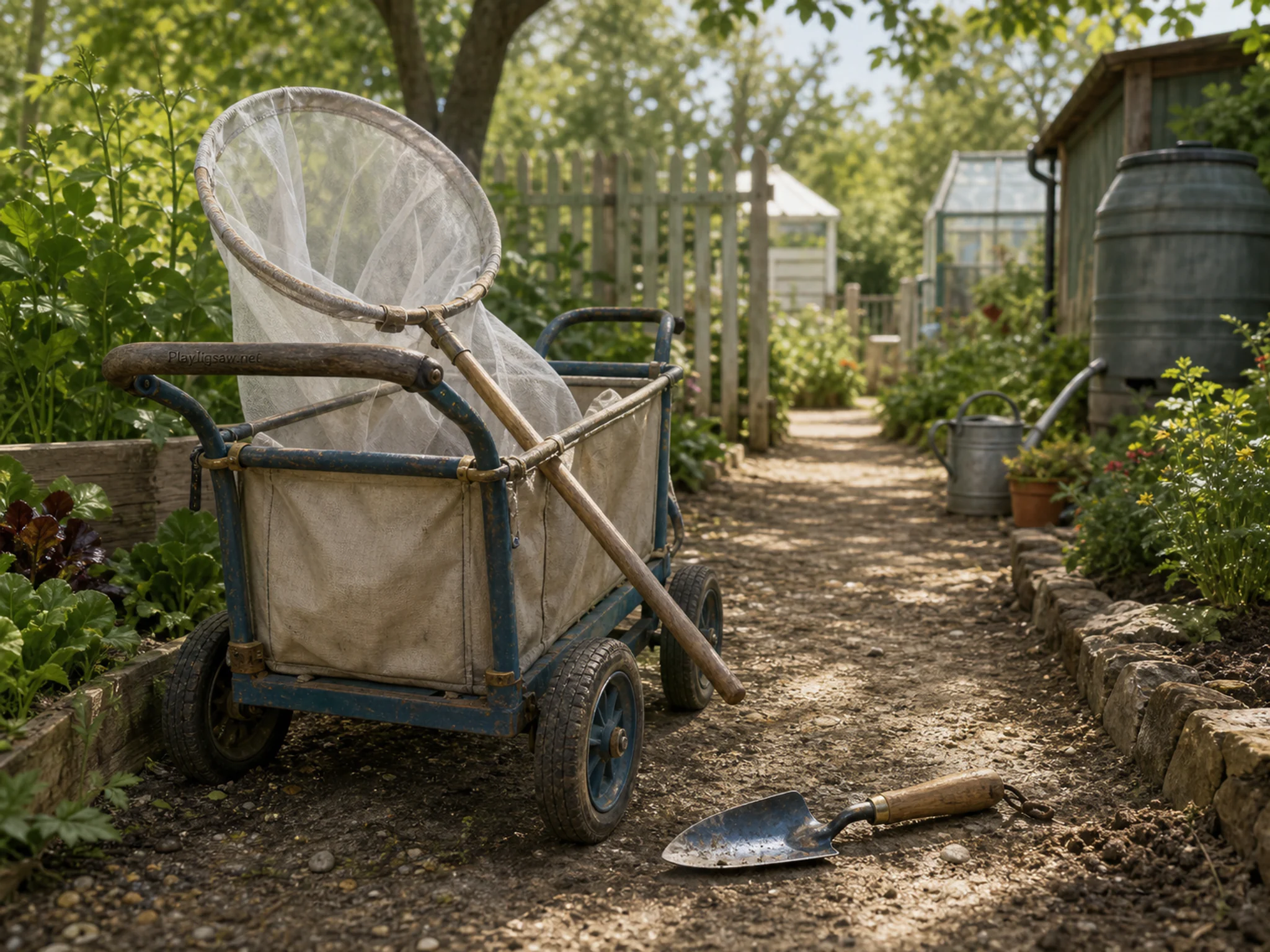 butterfly net cart arranged naturally beside a small hand trowel in a community garden path with a butterfly-net cart, with familiar objects and bright diffused window light.