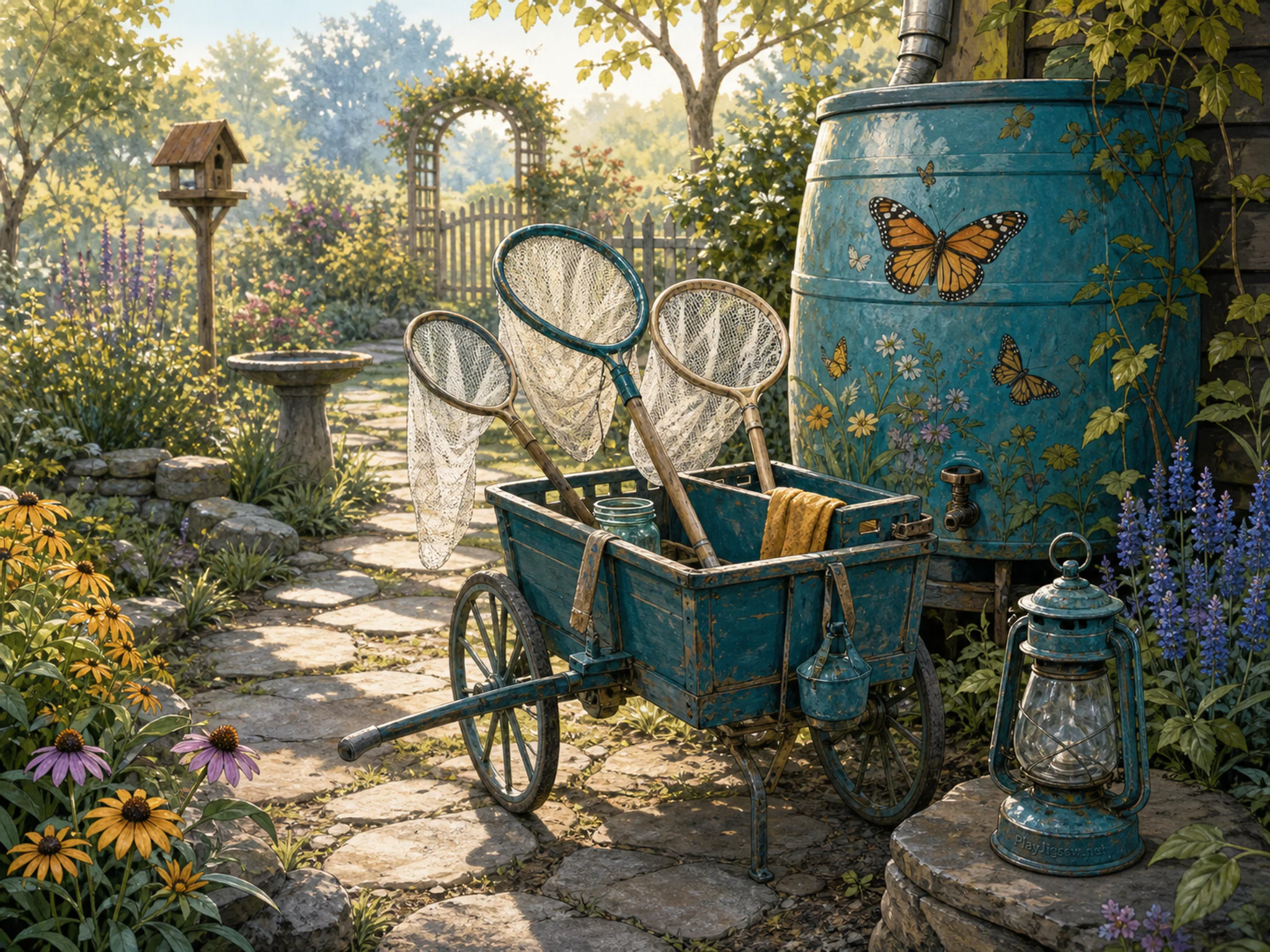 Butterfly Net Cart organized around painted rain barrel in a softly illuminated seasonal garden, with layered scenery and clear early morning light.