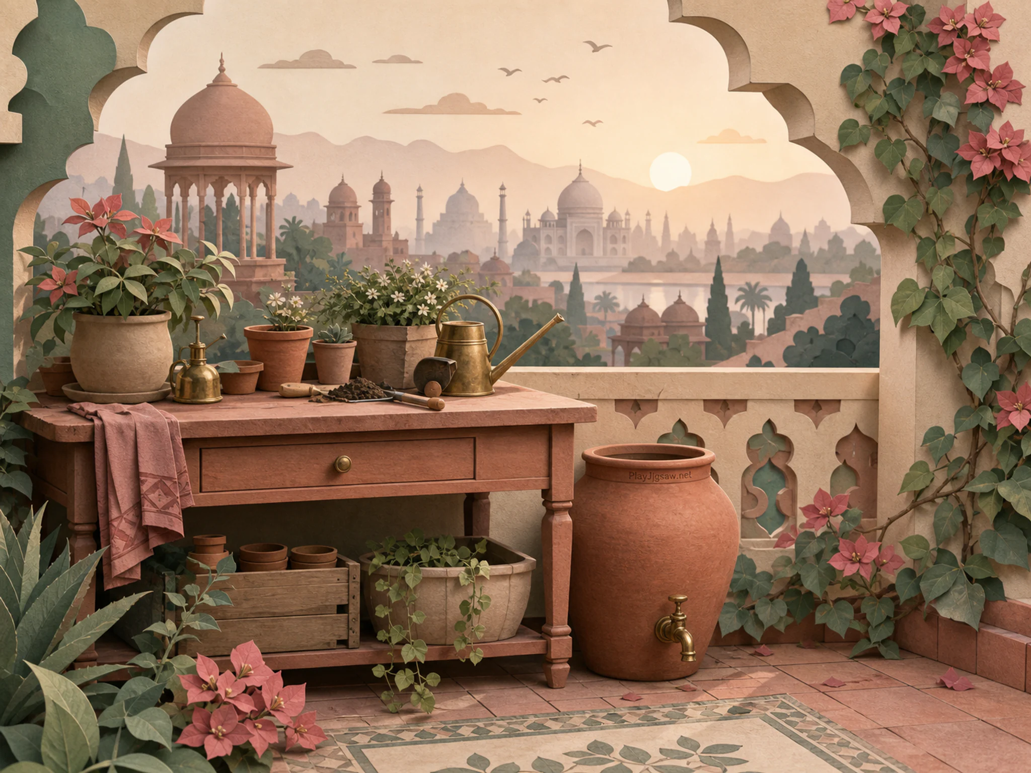 Potting Table cooling beside terracotta irrigation jar in a breezy rooftop terrace, with layered scenery and calm misty dawn.