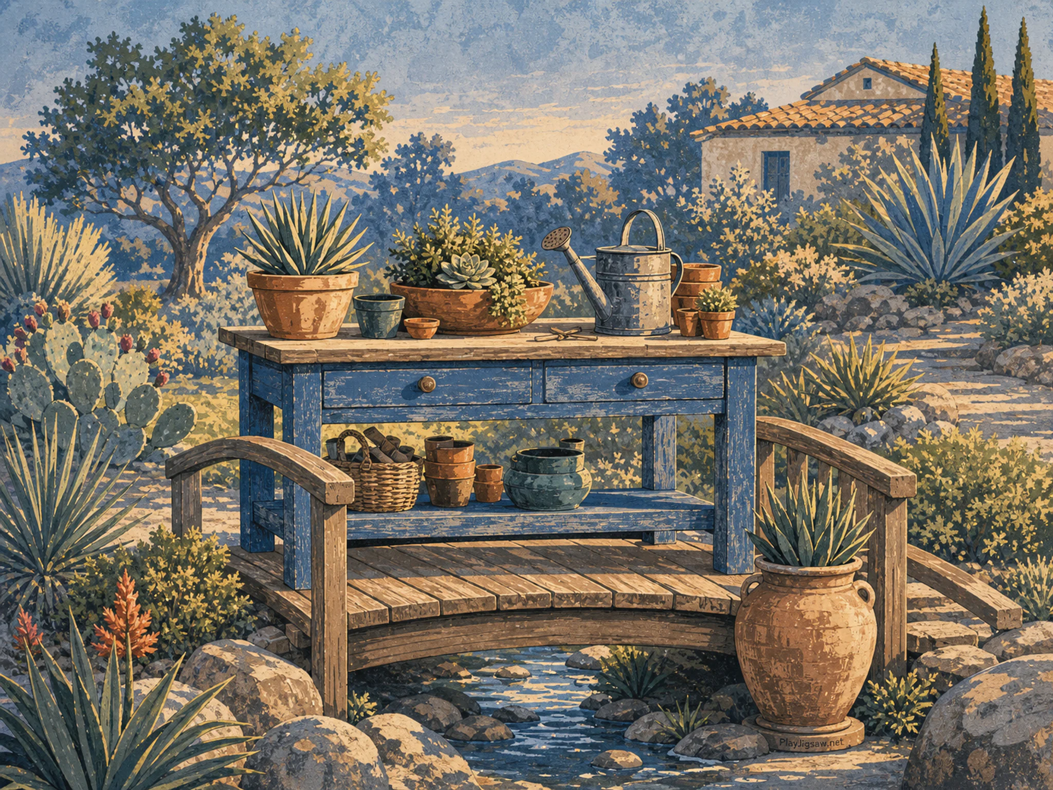 Potting Table crossing small wooden footbridge in a sunlit dryland garden, with layered scenery and cool blue-hour light.