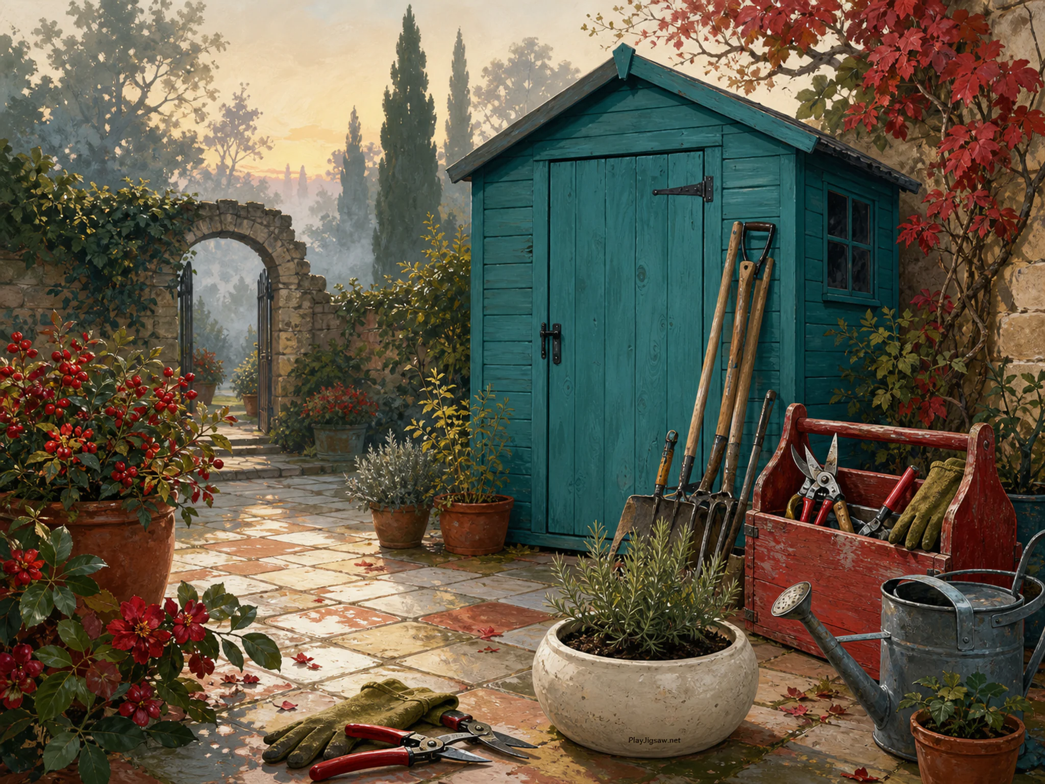 Tool Shed resting among well-used pruning kit in a tiled garden courtyard, with layered scenery and calm misty dawn.