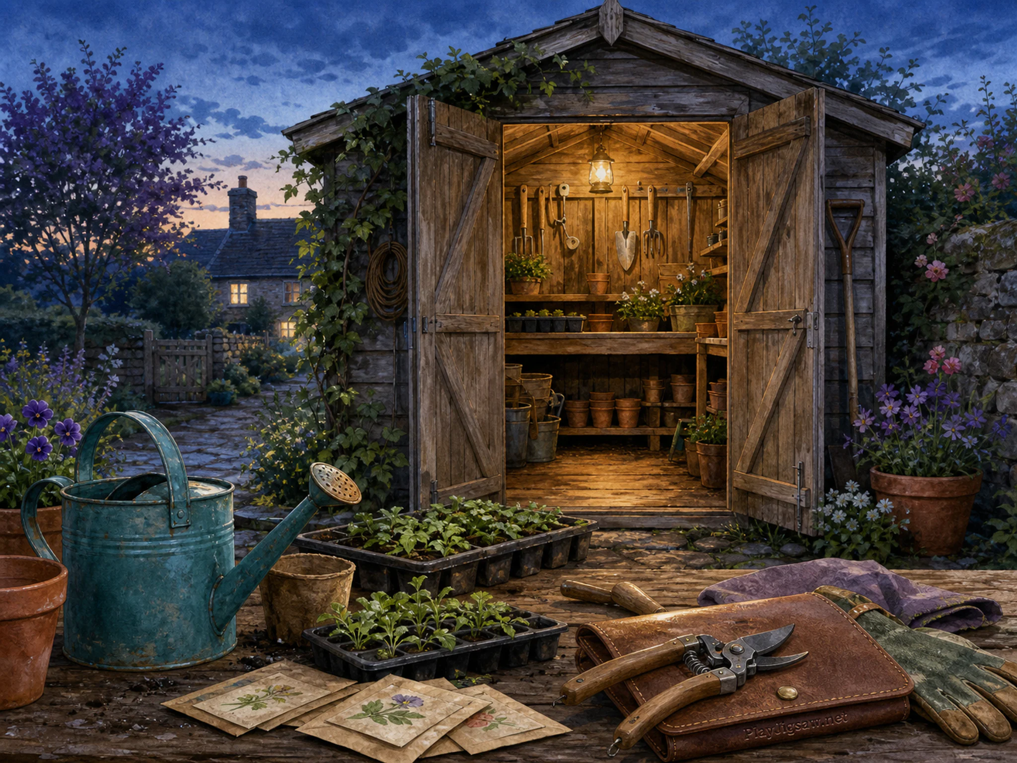 Tool Shed being used near teal watering can in a practical garden workspace, with layered scenery and cool blue-hour light.