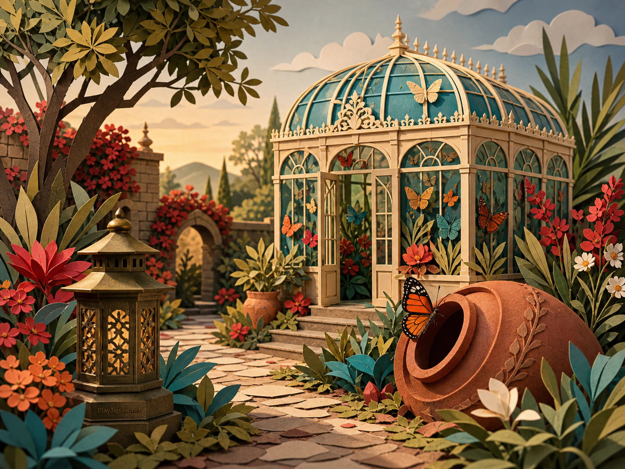 Butterfly Conservatory crossing terracotta irrigation jar in a softly illuminated seasonal garden, with layered scenery and warm late-day sunlight.