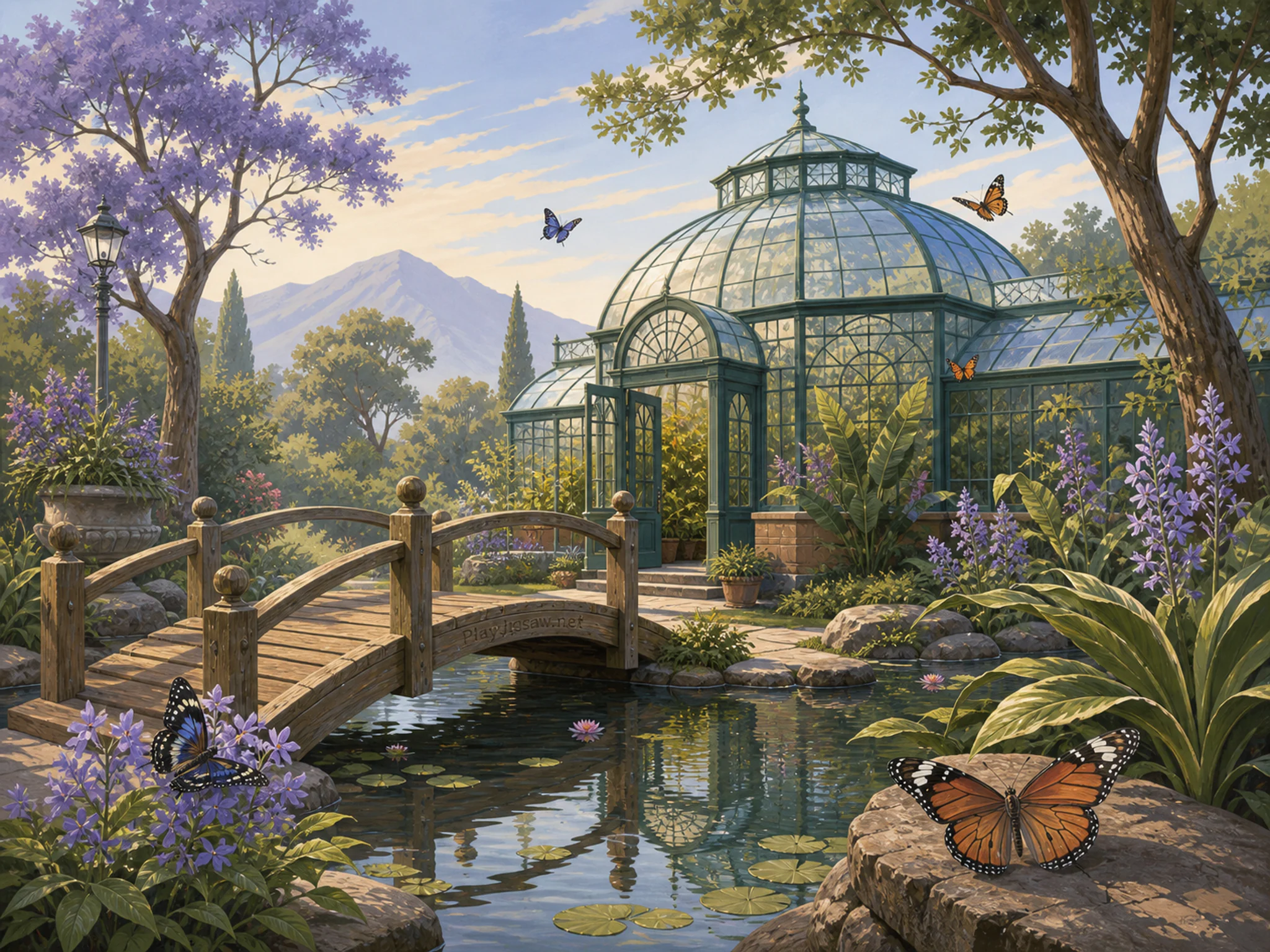 Butterfly Conservatory cooling beside small wooden footbridge in a reflective water garden, with layered scenery and clear early morning light.