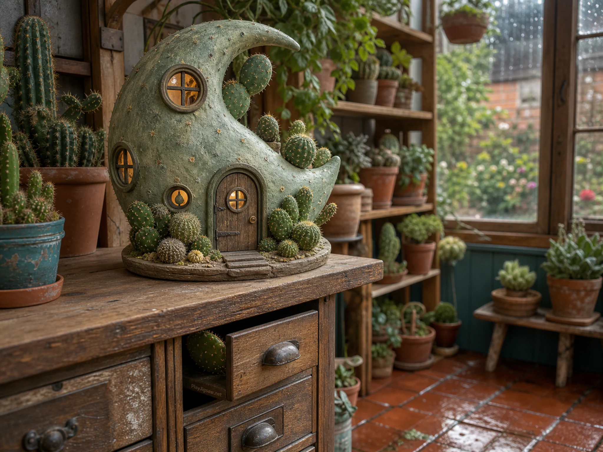 cactus moon house arranged naturally beside a wooden seed drawer without labels in a familiar home greenhouse filled with cacti and clay pots, with familiar objects and sun after.