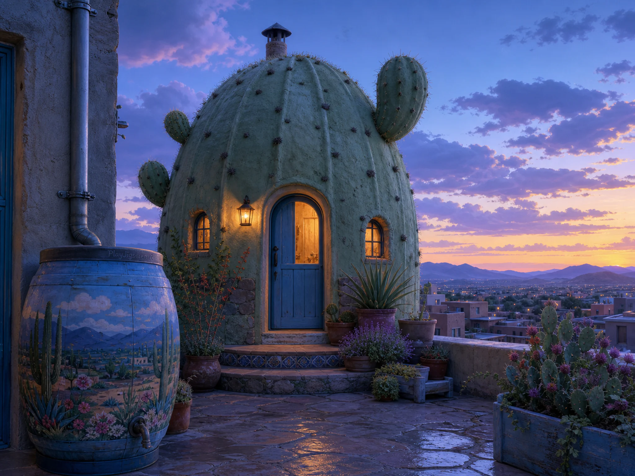 Cactus Moon House framing painted rain barrel in a breezy rooftop terrace, with layered scenery and cool blue-hour light.