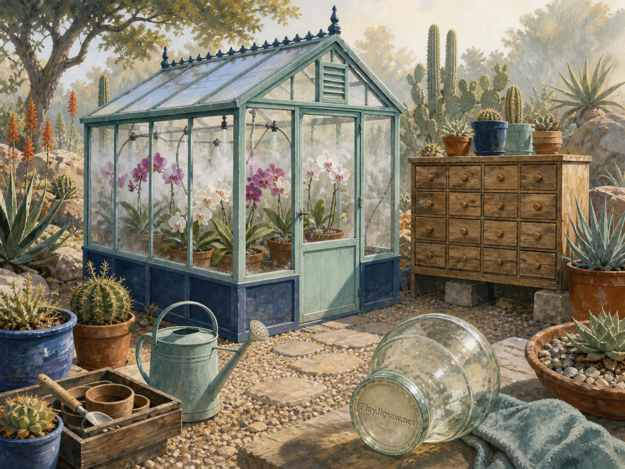 Orchid Mist House glowing beneath number-free seed drawer in a sunlit dryland garden, with layered scenery and calm misty dawn.