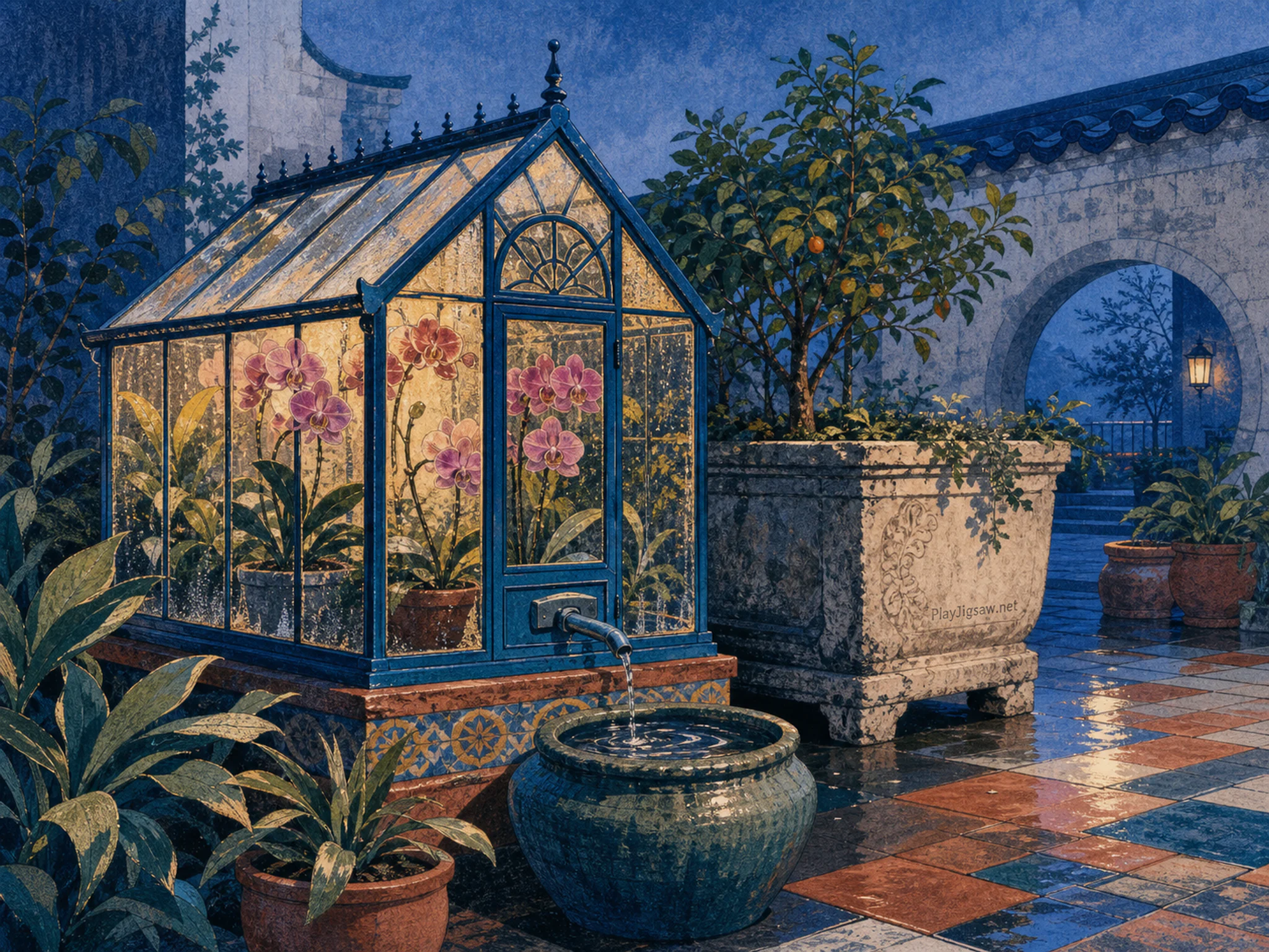 Orchid Mist House collecting water beside aged stone planter in a tiled garden courtyard, with layered scenery and cool blue-hour light.