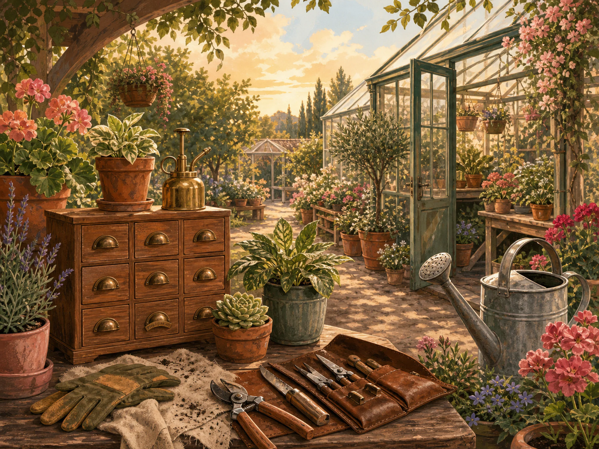 Watering Can Glasshouse being used near well-used pruning kit in a busy plant nursery, with layered scenery and warm late-day sunlight.