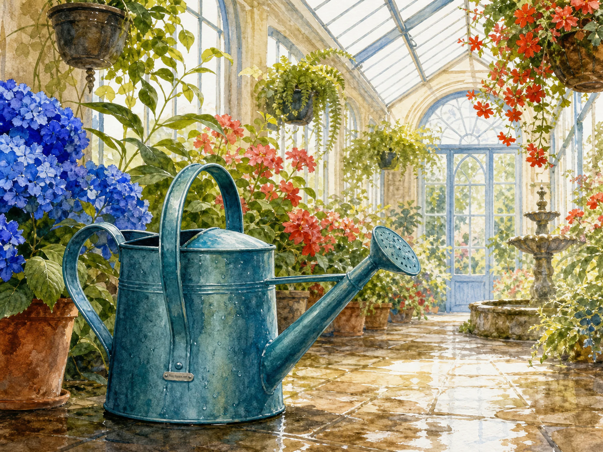 Watering Can Glasshouse resting among teal watering can in a humid glasshouse aisle, with layered scenery and clear early morning light.