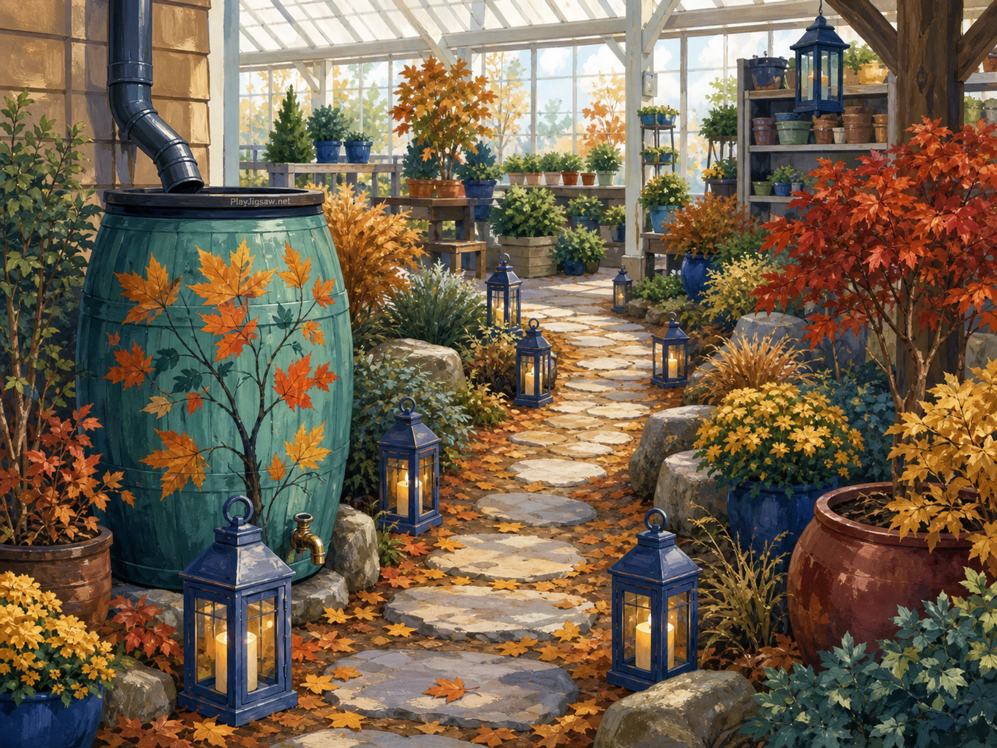 Autumn Lantern Path cooling beside painted rain barrel in a busy plant nursery, with layered scenery and bright diffused window light.