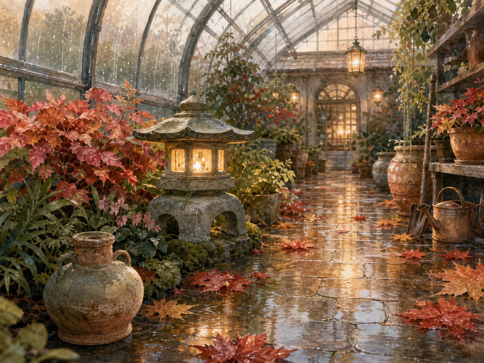 Autumn Lantern Path crossing low garden lantern in a humid glasshouse aisle, with layered scenery and gentle rain with crisp reflections.