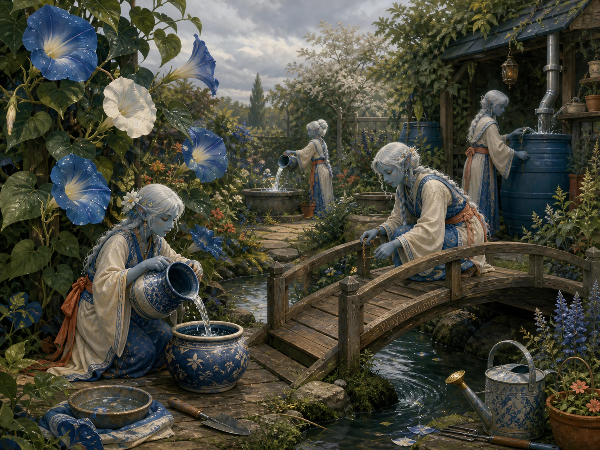 Moonflower Court collecting water beside small wooden footbridge in a practical garden workspace, with layered scenery and soft overcast afternoon.