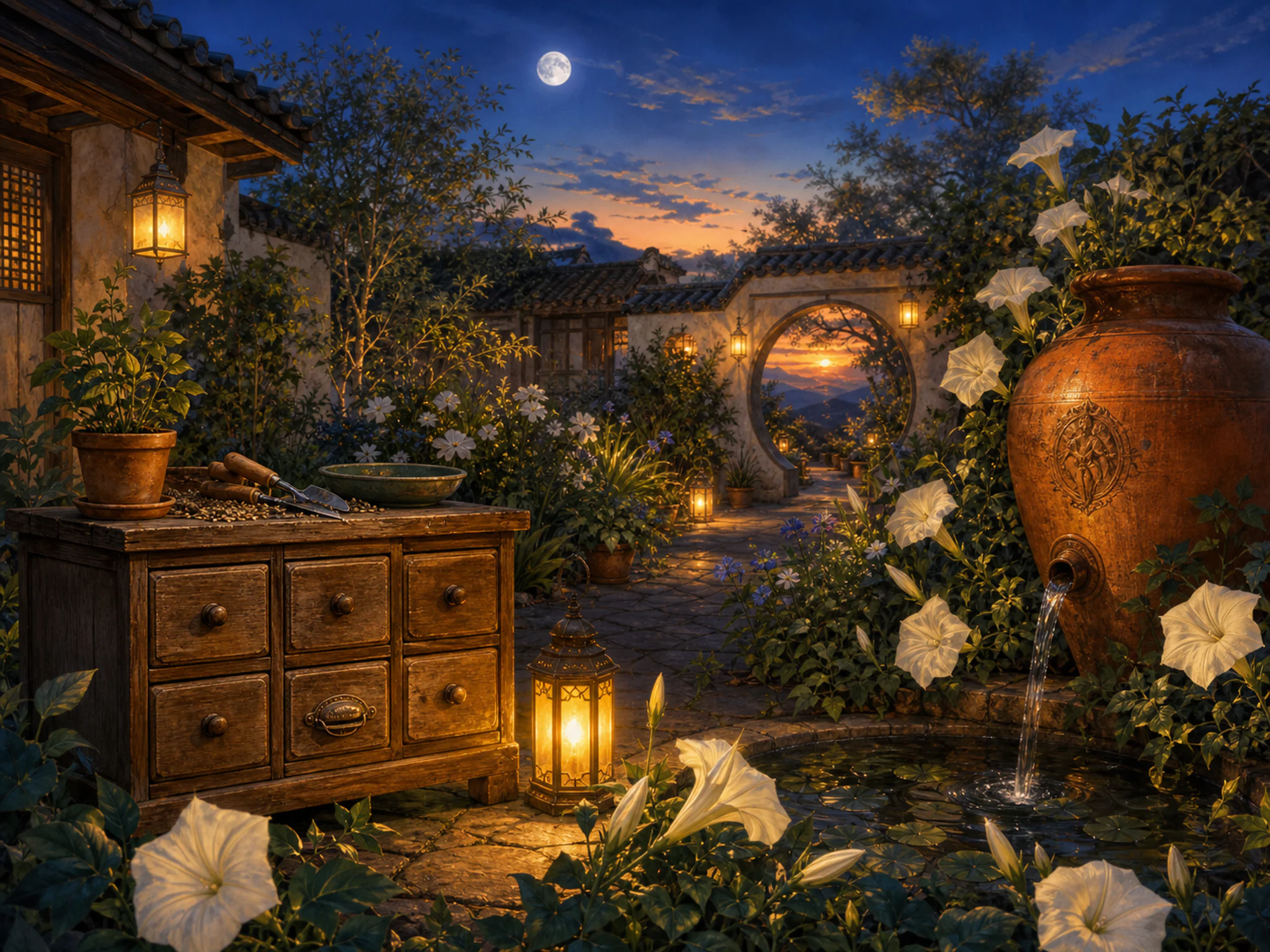 Moonflower Court glowing beneath terracotta irrigation jar in a softly illuminated seasonal garden, with layered scenery and golden lamplight at dusk.
