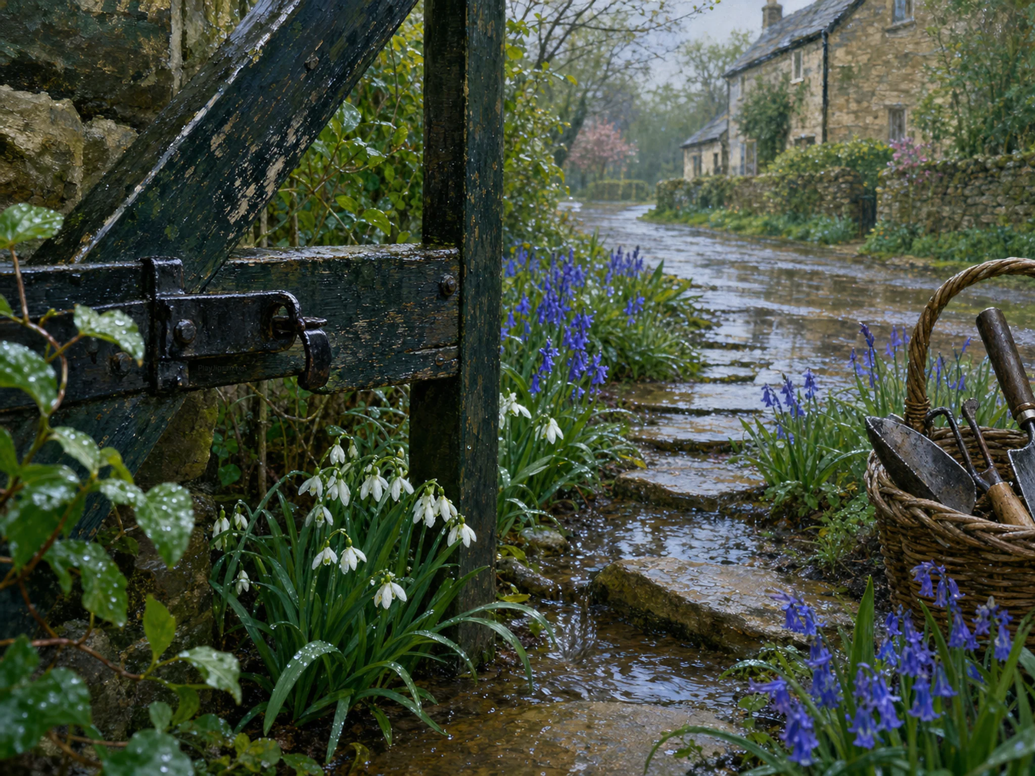 spring rain garden arranged naturally beside a wicker tool basket in a cottage spring-rain garden gate after a light shower, with familiar objects and soft overcast afternoon.
