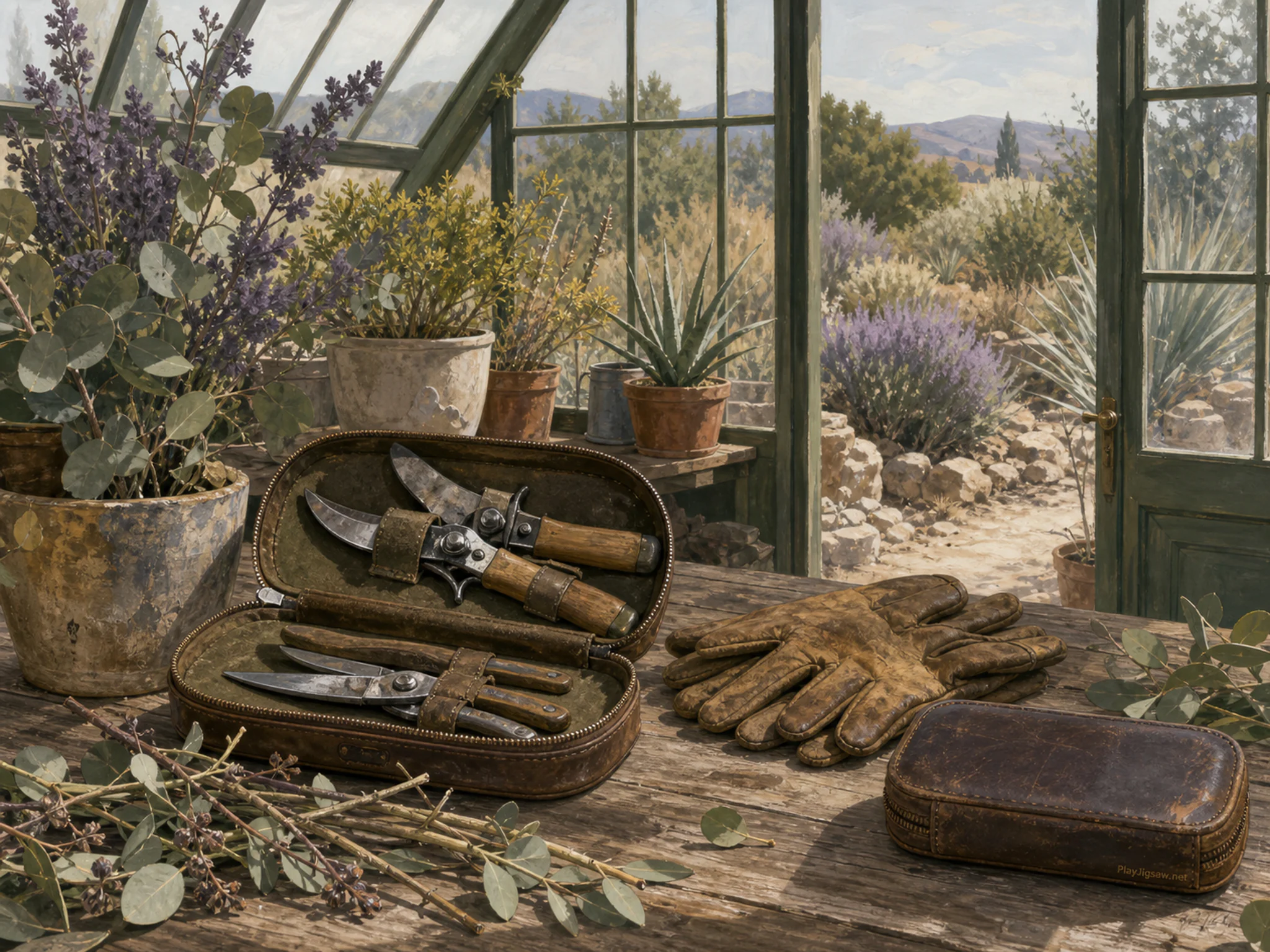 Winter Glasshouse framing well-used pruning kit in a sunlit dryland garden, with layered scenery and soft overcast afternoon.