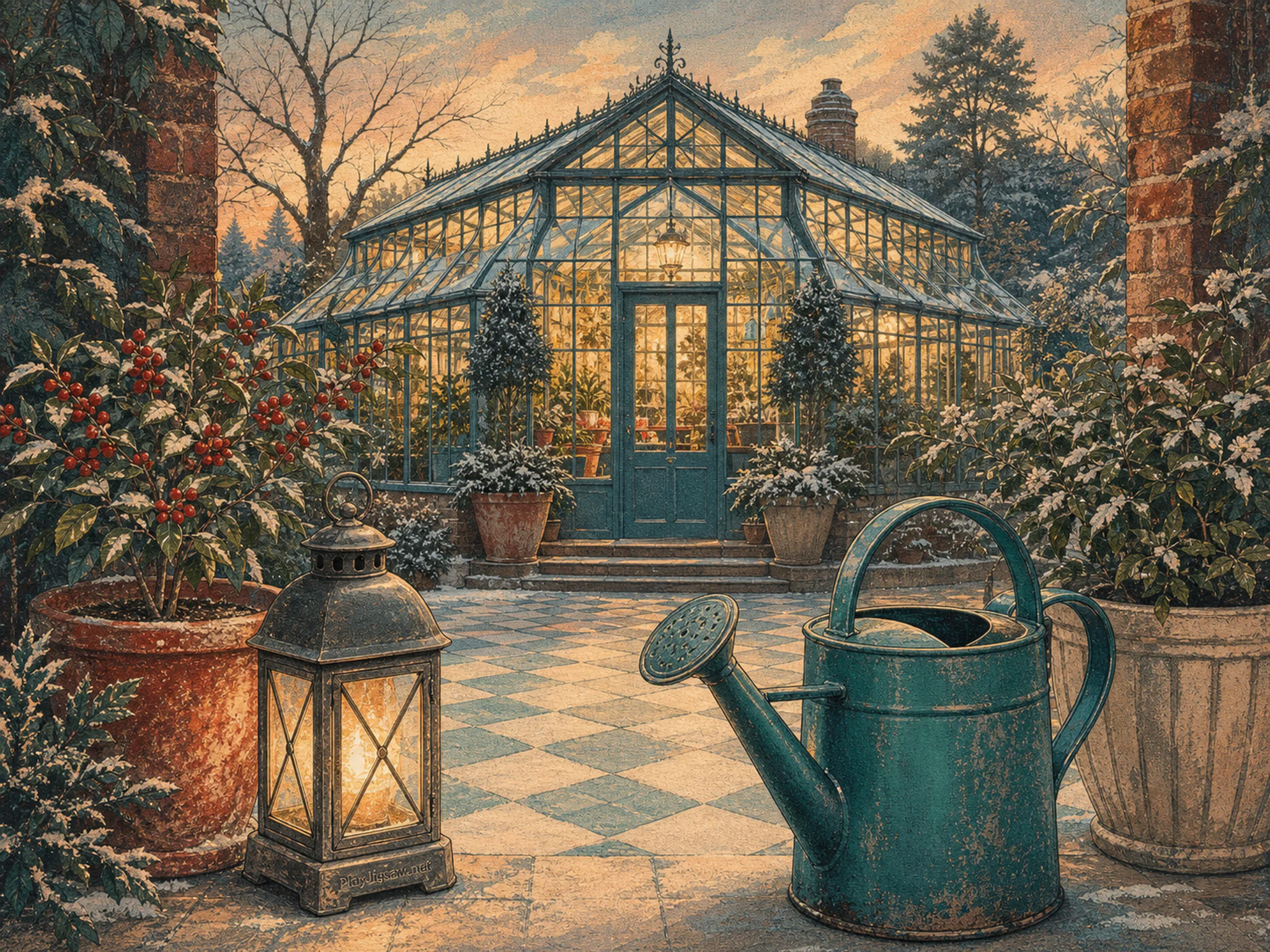 Winter Glasshouse organized around teal watering can in a tiled garden courtyard, with layered scenery and golden lamplight at dusk.
