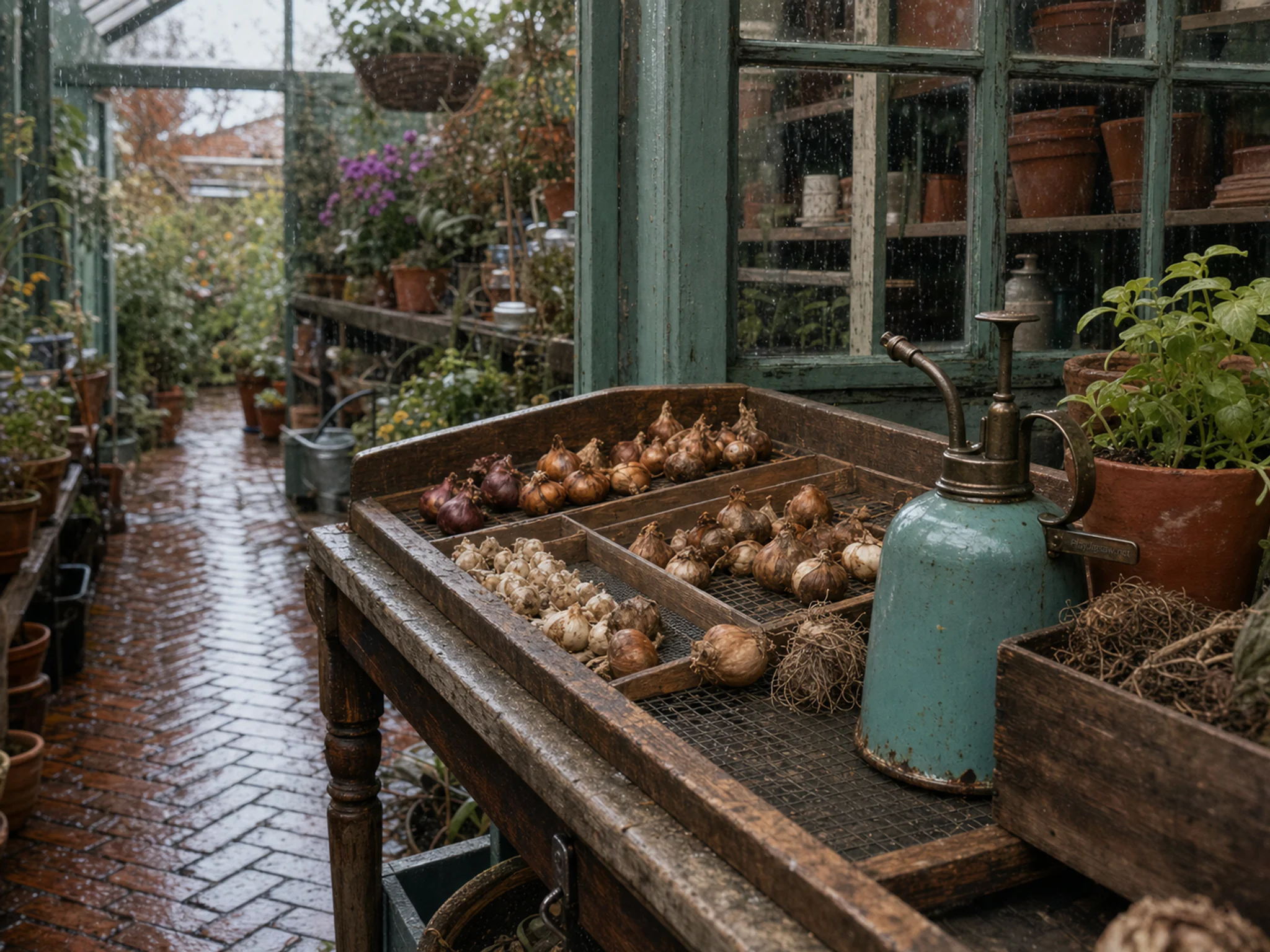 bulb sorting table arranged naturally beside an enamel plant mister in a familiar greenhouse aisle with a bulb-sorting table, with familiar objects and gentle rain with crisp.
