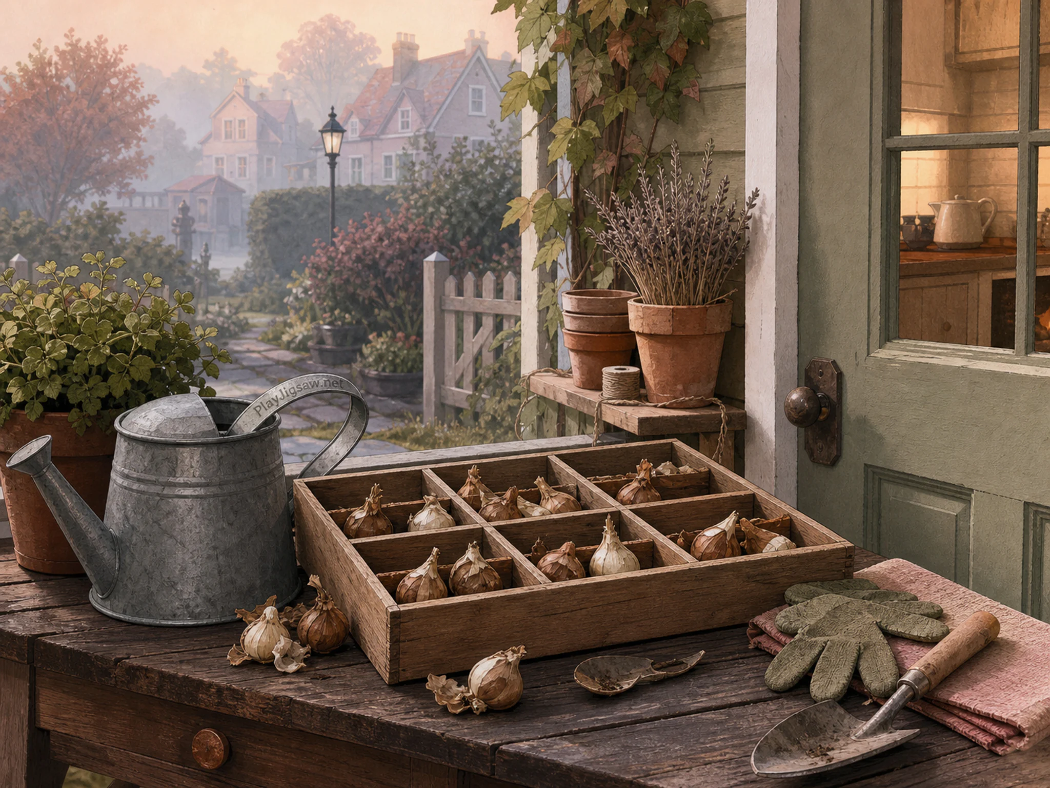 bulb sorting table arranged naturally beside a galvanized watering can in a backyard potting bench beside a kitchen door, with familiar objects and calm misty dawn.