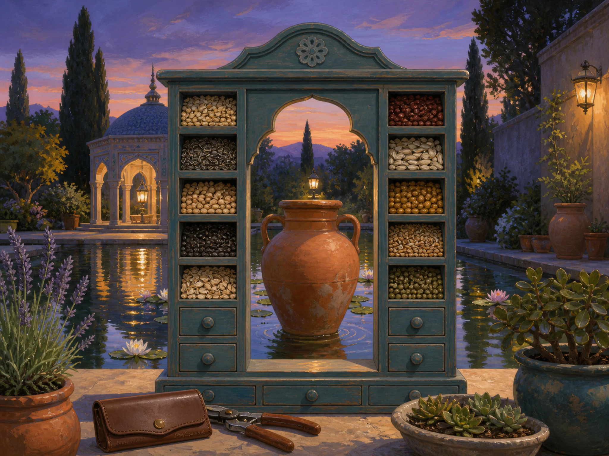 Seed Cabinet framing terracotta irrigation jar in a reflective water garden, with layered scenery and golden lamplight at dusk.