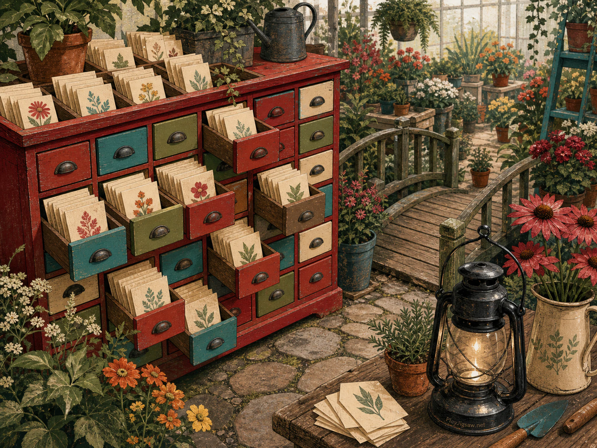 Seed Cabinet organized around small wooden footbridge in a busy plant nursery, with layered scenery and bright diffused window light.