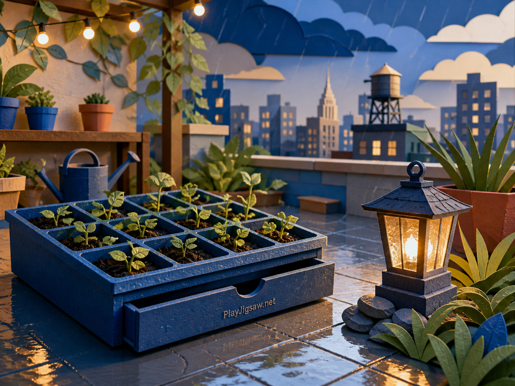 Seedling Trays being used near low garden lantern in a breezy rooftop terrace, with layered scenery and gentle rain with crisp reflections.