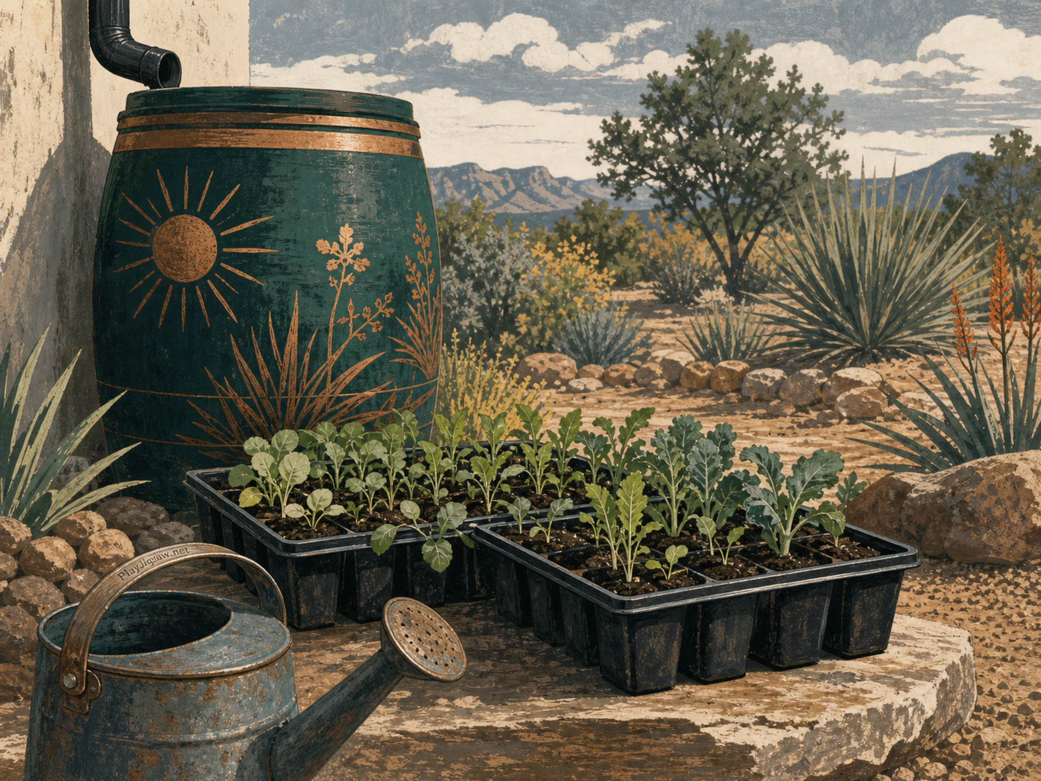Seedling Trays resting among painted rain barrel in a sunlit dryland garden, with layered scenery and soft overcast afternoon.