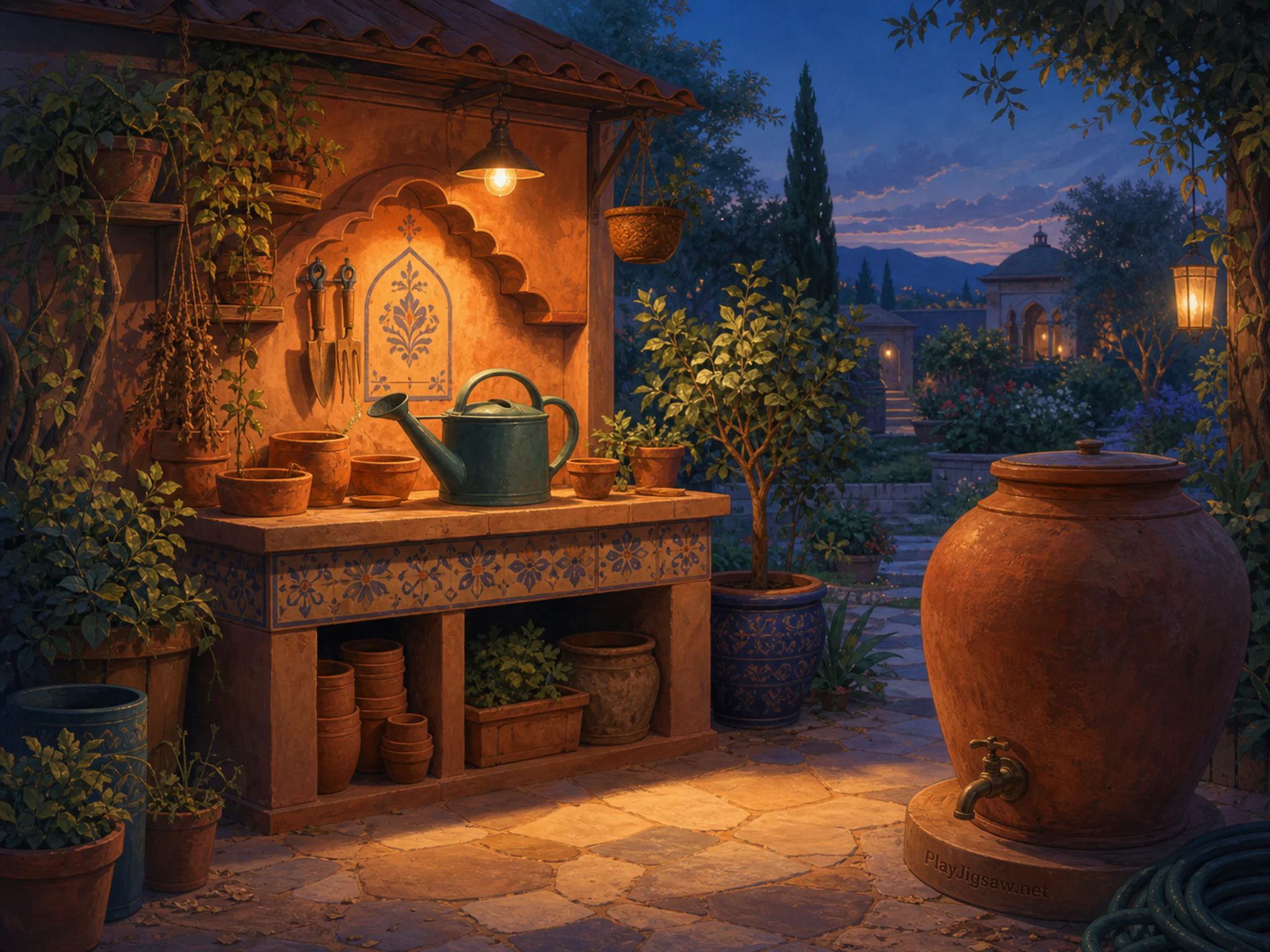 Terracotta Stall glowing beneath teal watering can in a practical garden workspace, with layered scenery and golden lamplight at dusk.