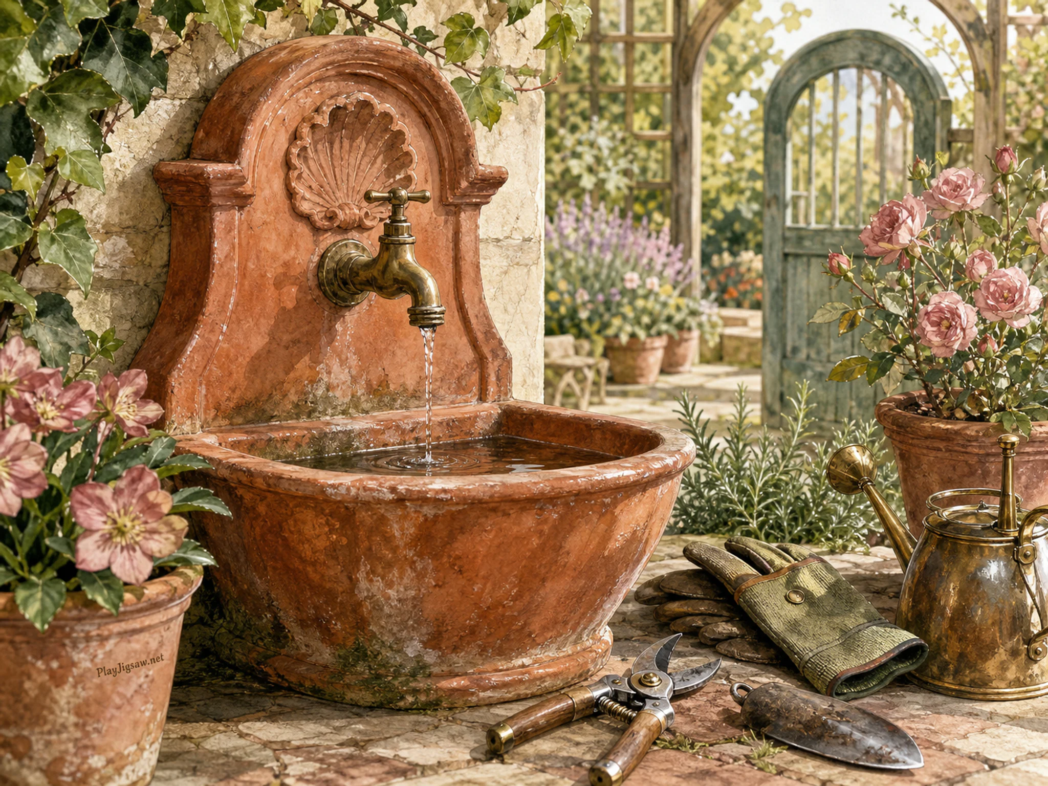 Terracotta Stall collecting water beside well-used pruning kit in a softly illuminated seasonal garden, with layered scenery and bright diffused window light.