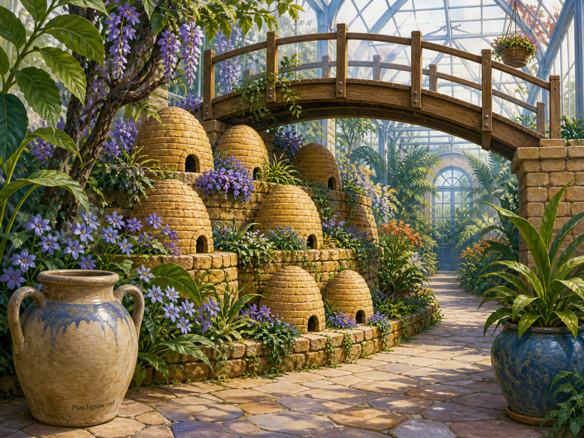 Beehive Terrace glowing beneath small wooden footbridge in a humid glasshouse aisle, with layered scenery and bright diffused window light.