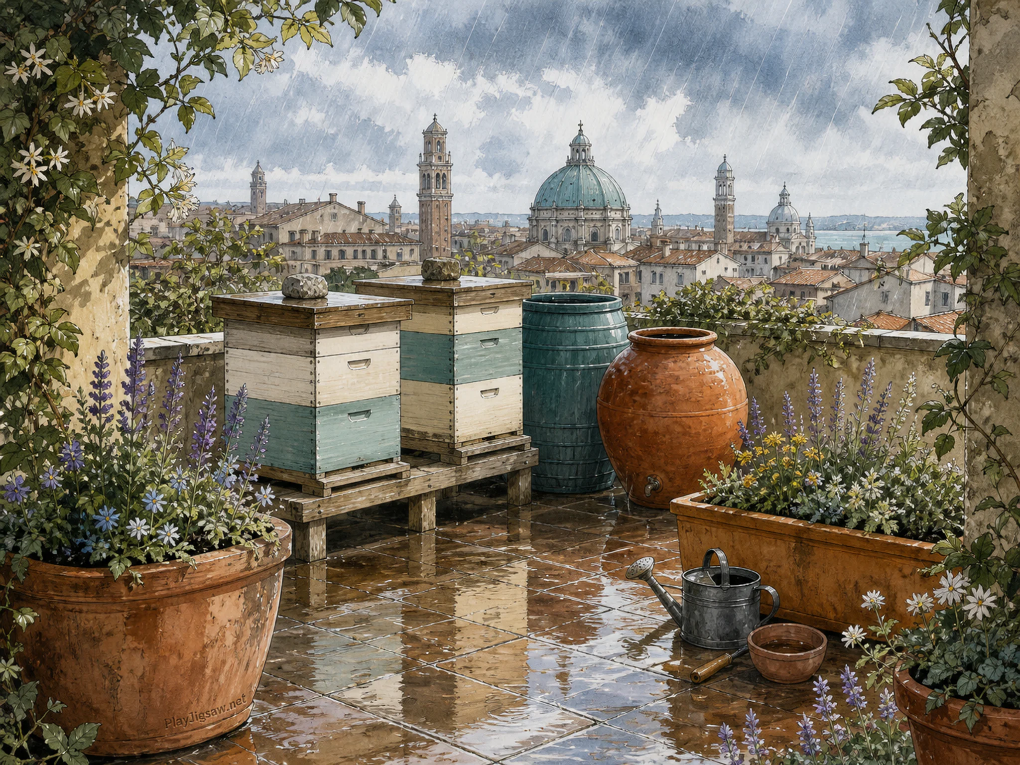 Beehive Terrace collecting water beside terracotta irrigation jar in a breezy rooftop terrace, with layered scenery and gentle rain with crisp reflections.