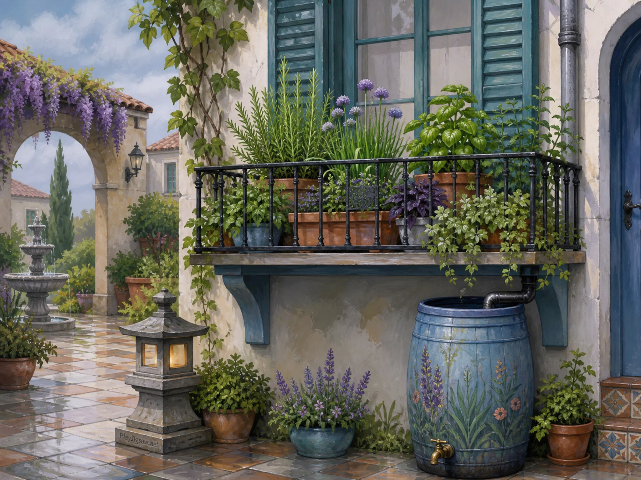 Herb Balcony crossing painted rain barrel in a tiled garden courtyard, with layered scenery and soft overcast afternoon.
