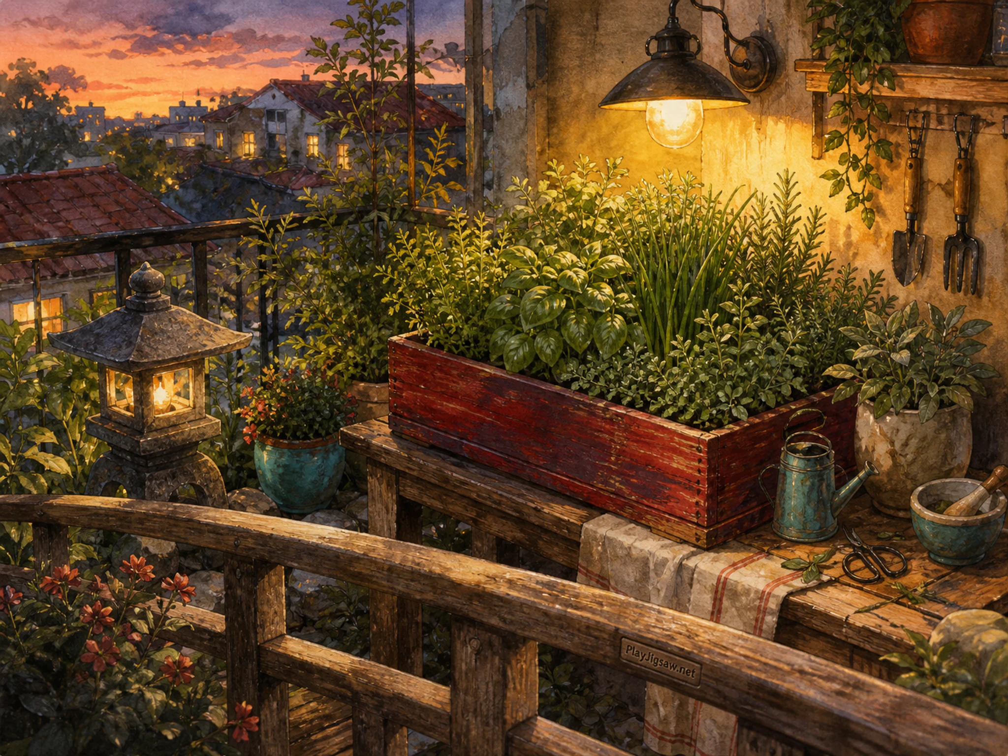 Herb Balcony cooling beside low garden lantern in a practical garden workspace, with layered scenery and golden lamplight at dusk.