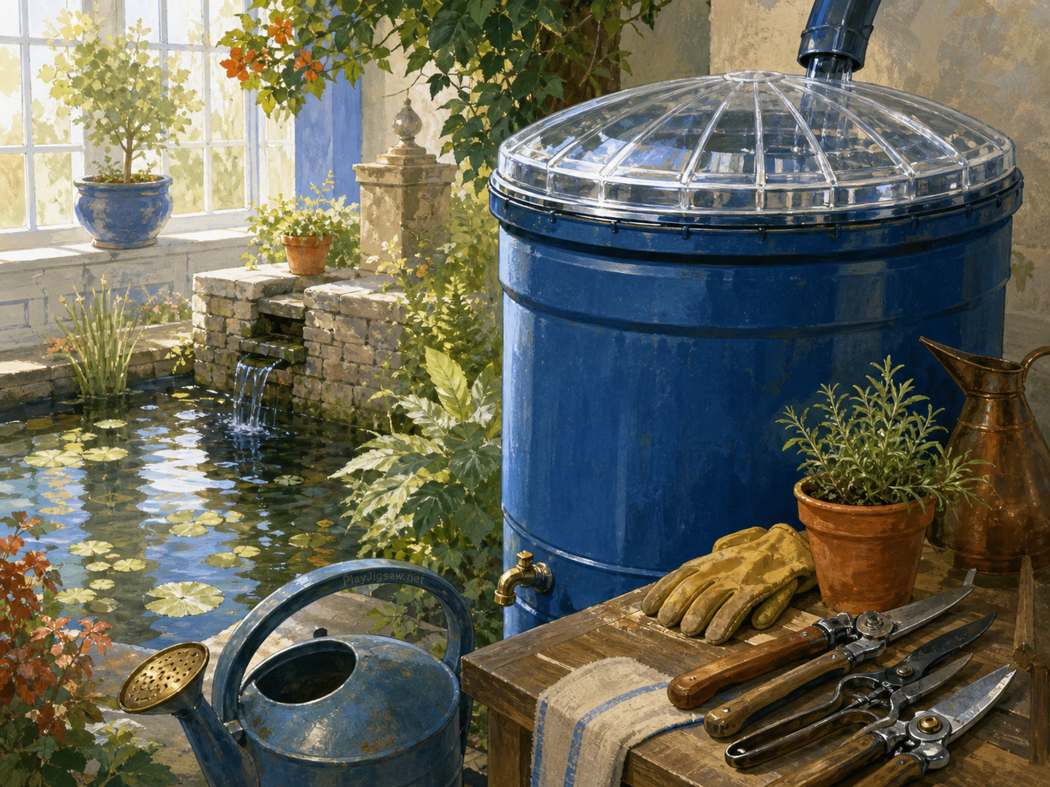 Rain Barrel Roof organized around well-used pruning kit in a reflective water garden, with layered scenery and bright diffused window light.