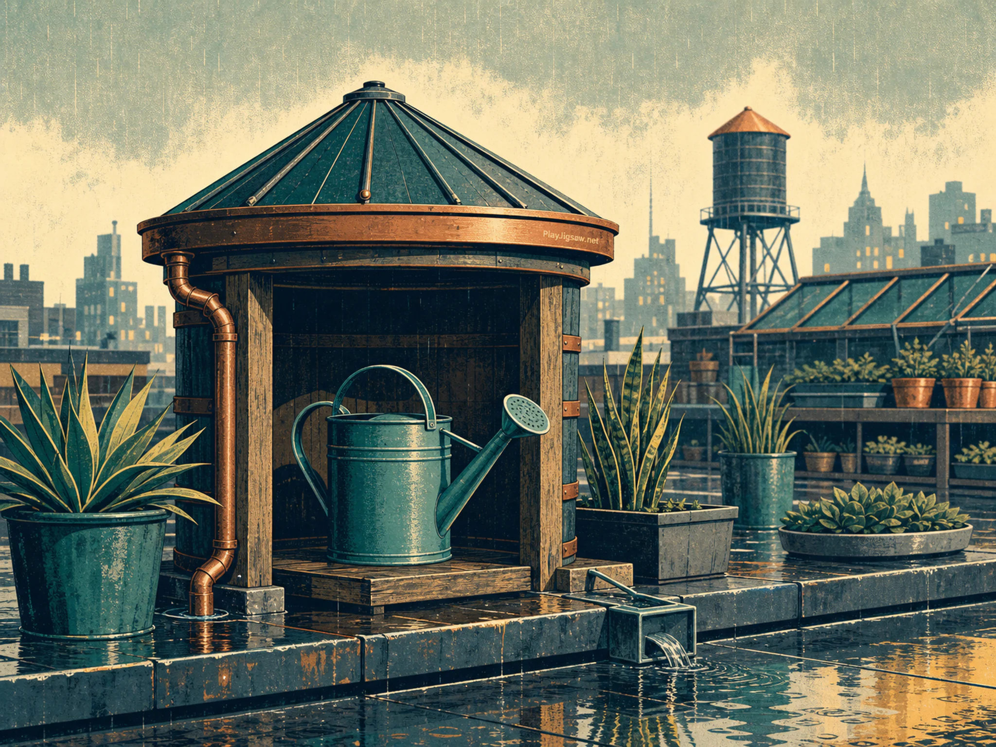 Rain Barrel Roof framing teal watering can in a busy plant nursery, with layered scenery and gentle rain with crisp reflections.