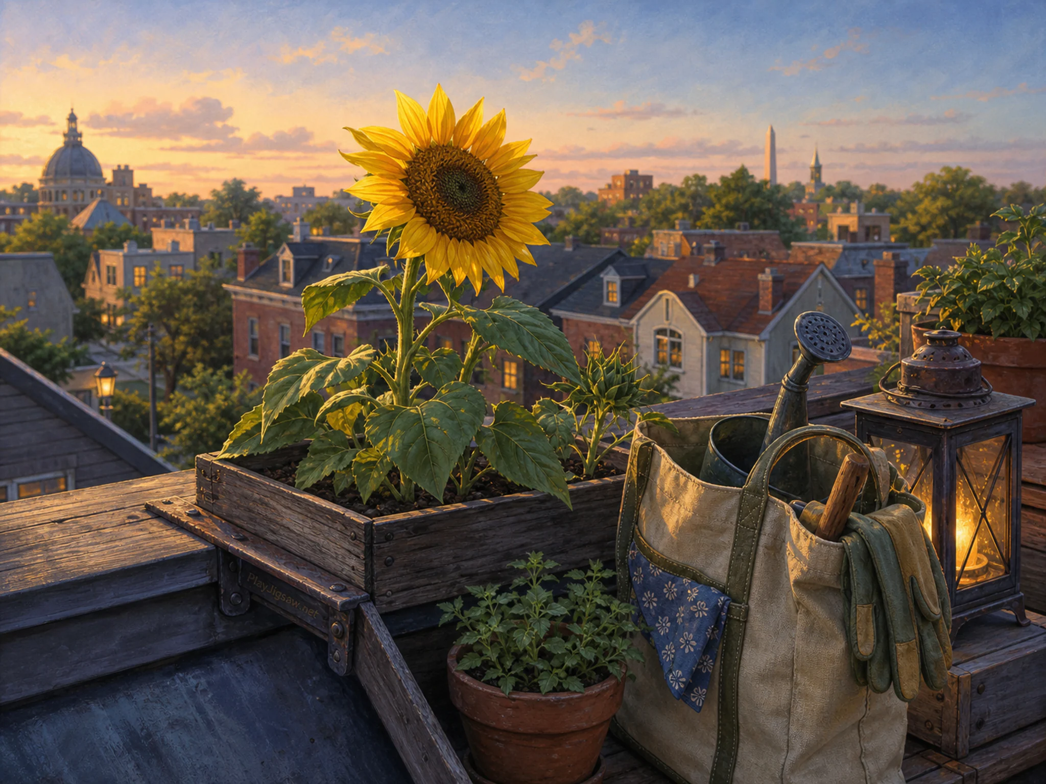 sunflower rooftop arranged naturally beside a canvas garden bag in a sunflower rooftop garden above a familiar neighborhood, with familiar objects and warm lamplight at dusk.