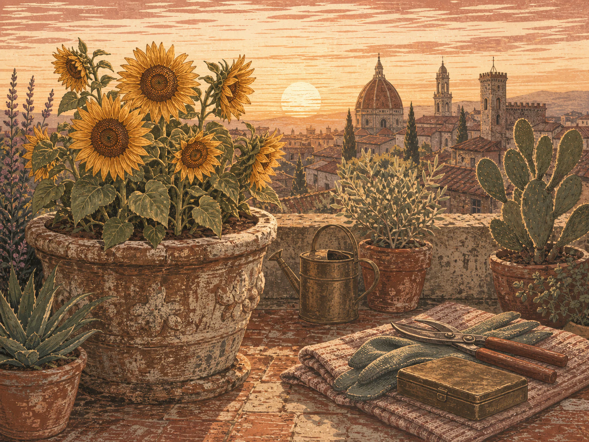Sunflower Rooftop being used near aged stone planter in a sunlit dryland garden, with layered scenery and golden lamplight at dusk.
