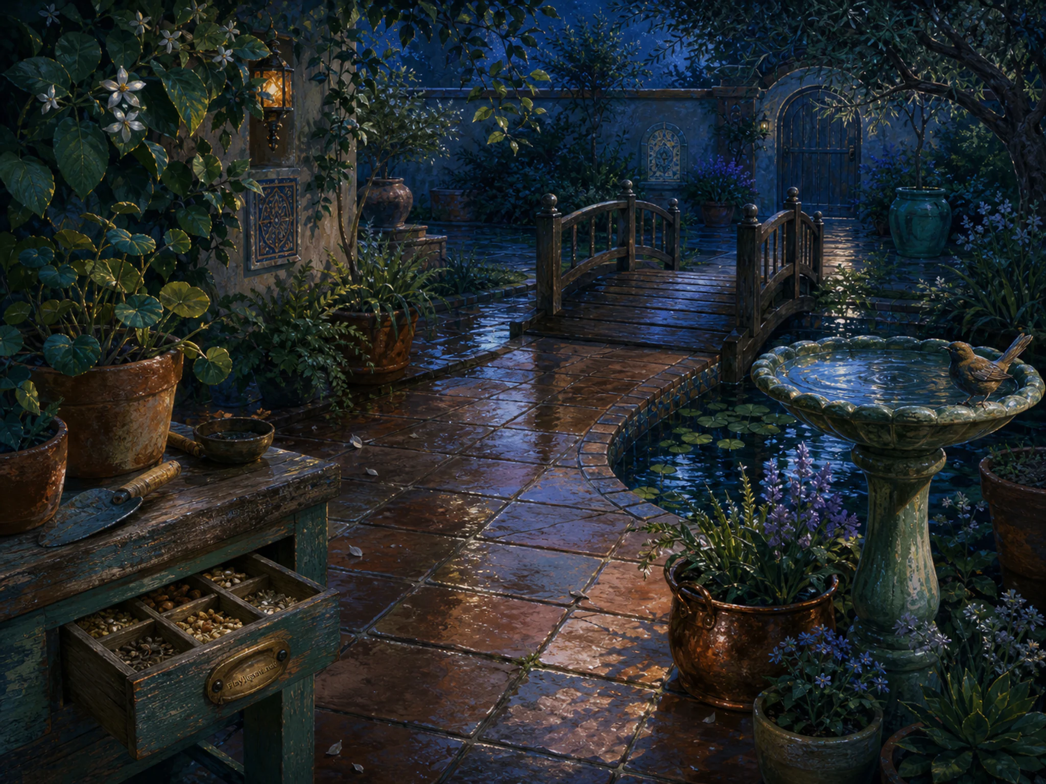 Birdbath Path being used near small wooden footbridge in a tiled garden courtyard, with layered scenery and cool blue-hour light.