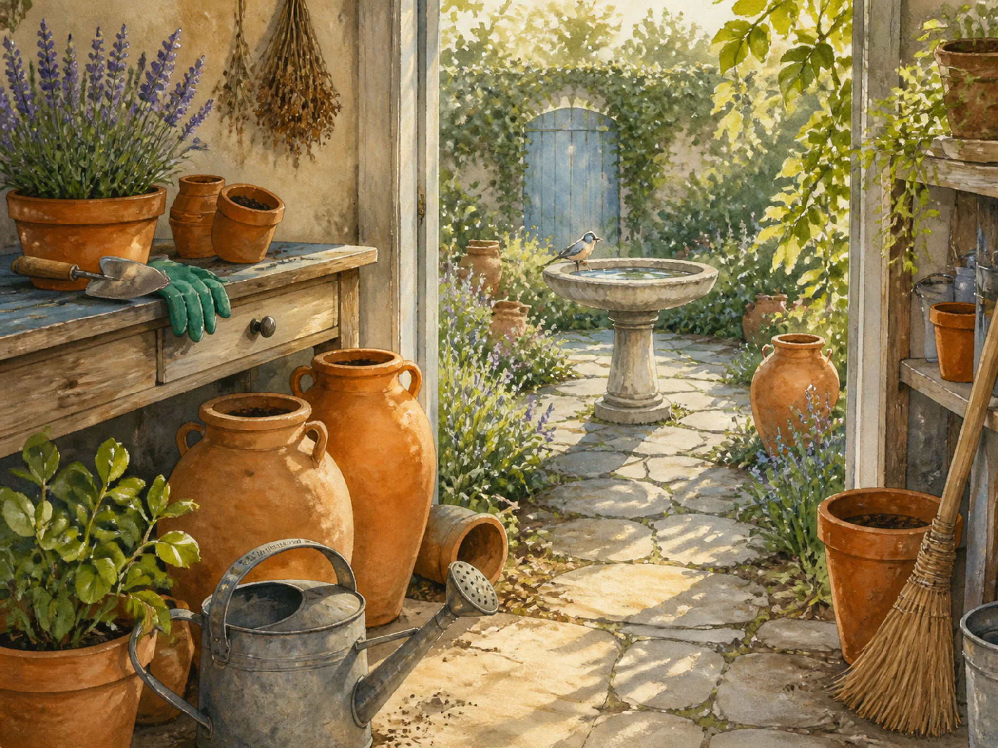 Birdbath Path resting among terracotta irrigation jar in a practical garden workspace, with layered scenery and warm late-day sunlight.