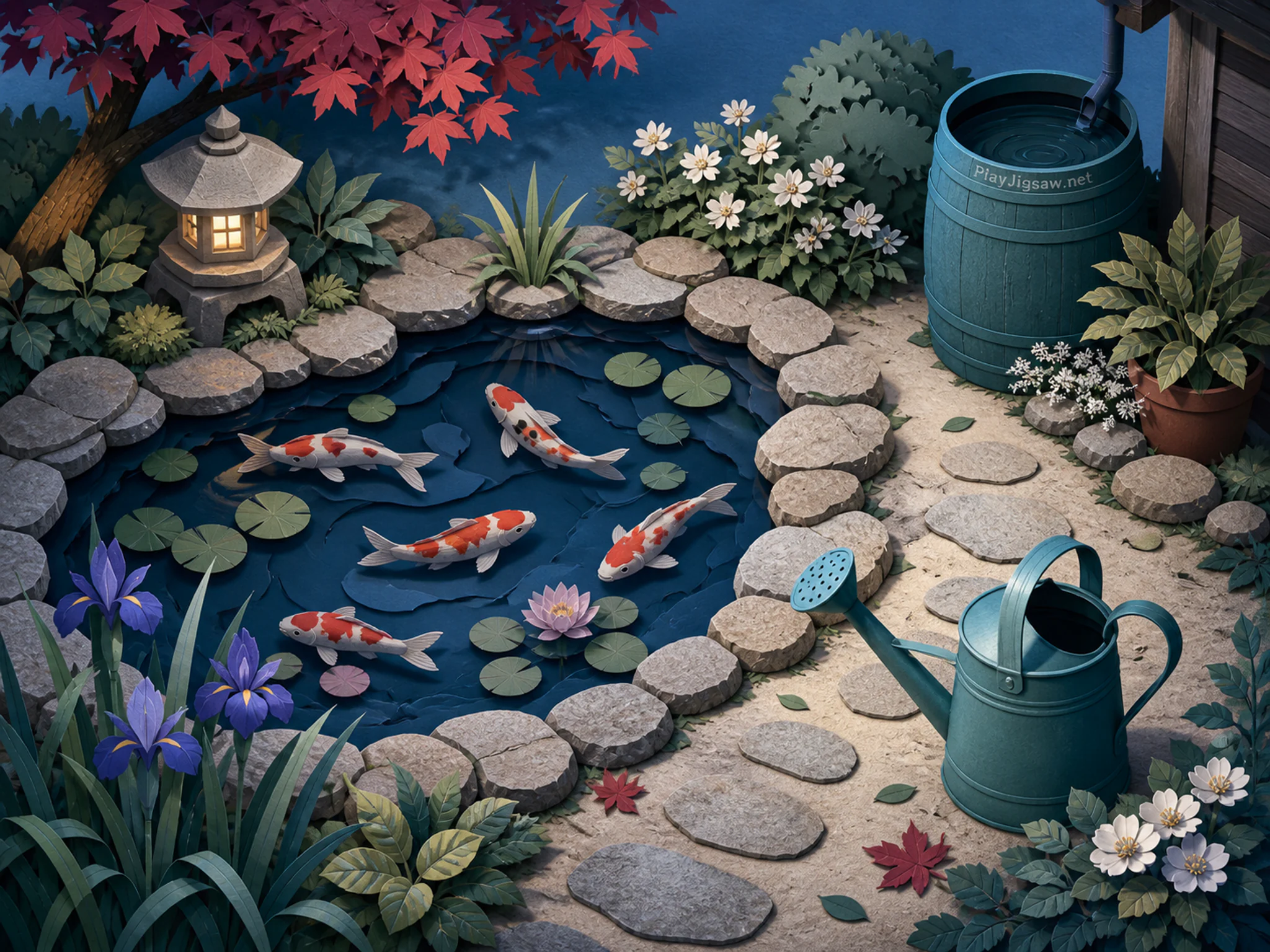 Koi Pond cooling beside teal watering can in a softly illuminated seasonal garden, with layered scenery and cool blue-hour light.