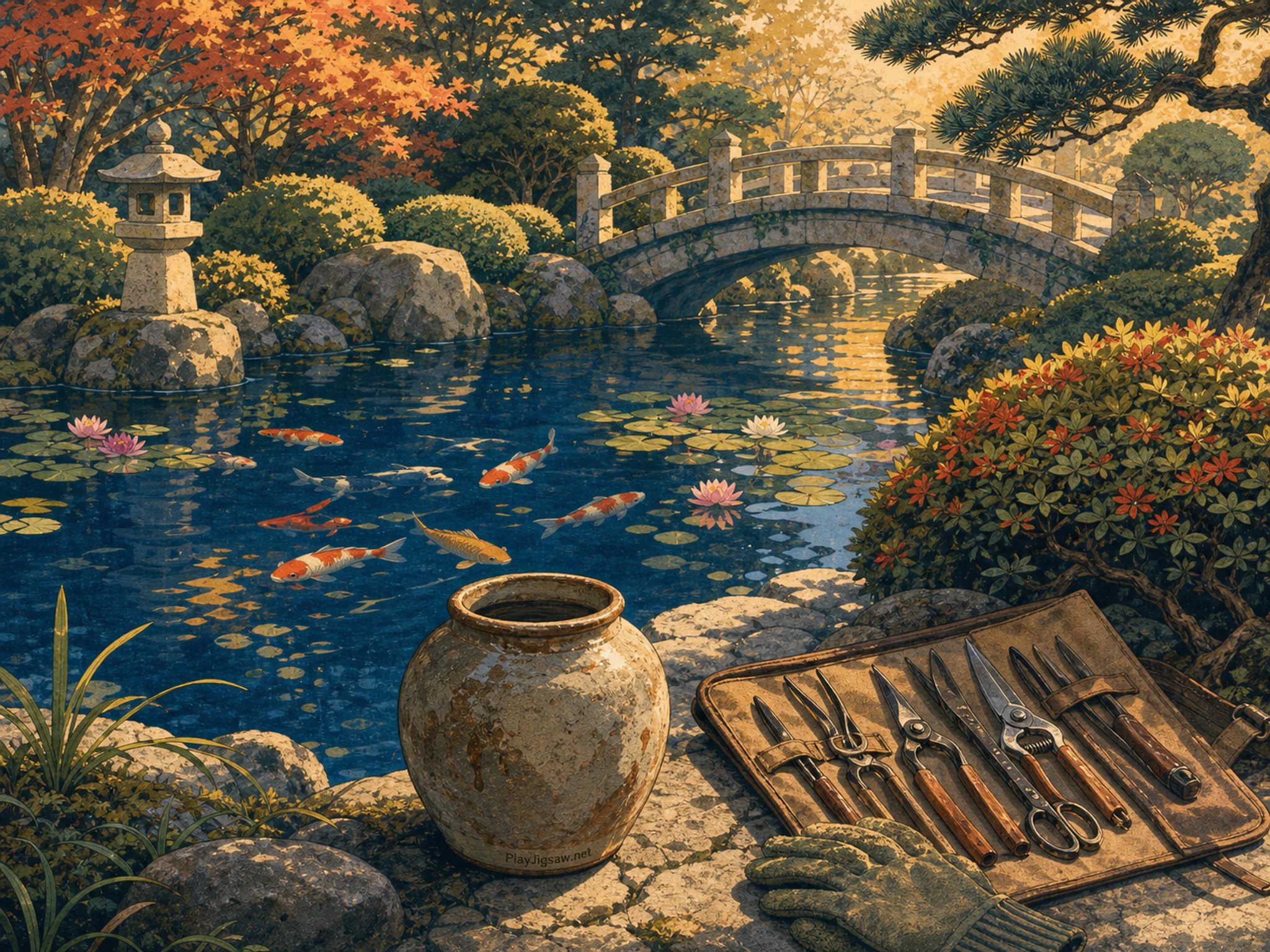 Koi Pond crossing well-used pruning kit in a reflective water garden, with layered scenery and warm late-day sunlight.