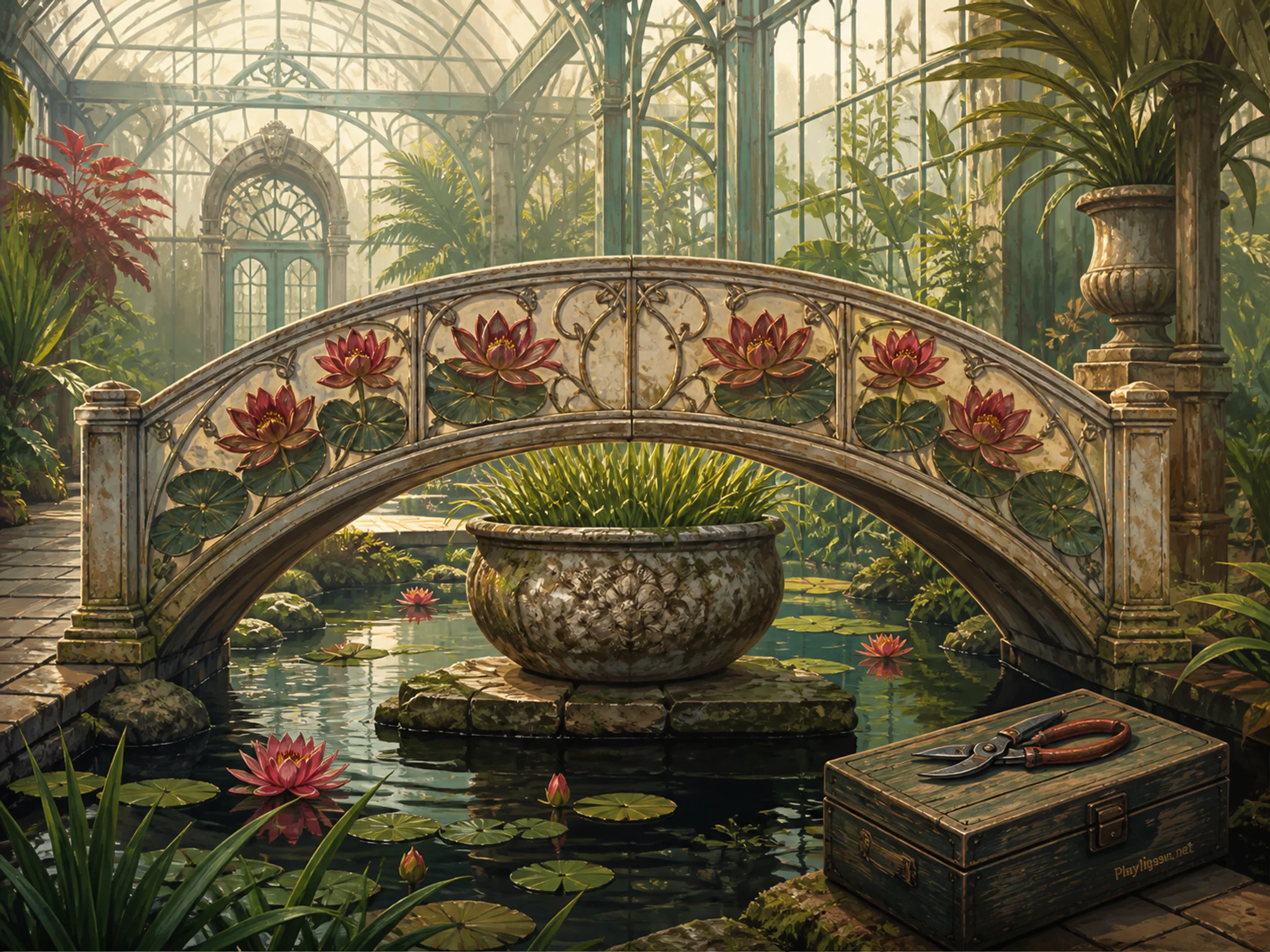 Lily Bridge framing aged stone planter in a humid glasshouse aisle, with layered scenery and clear early morning light.