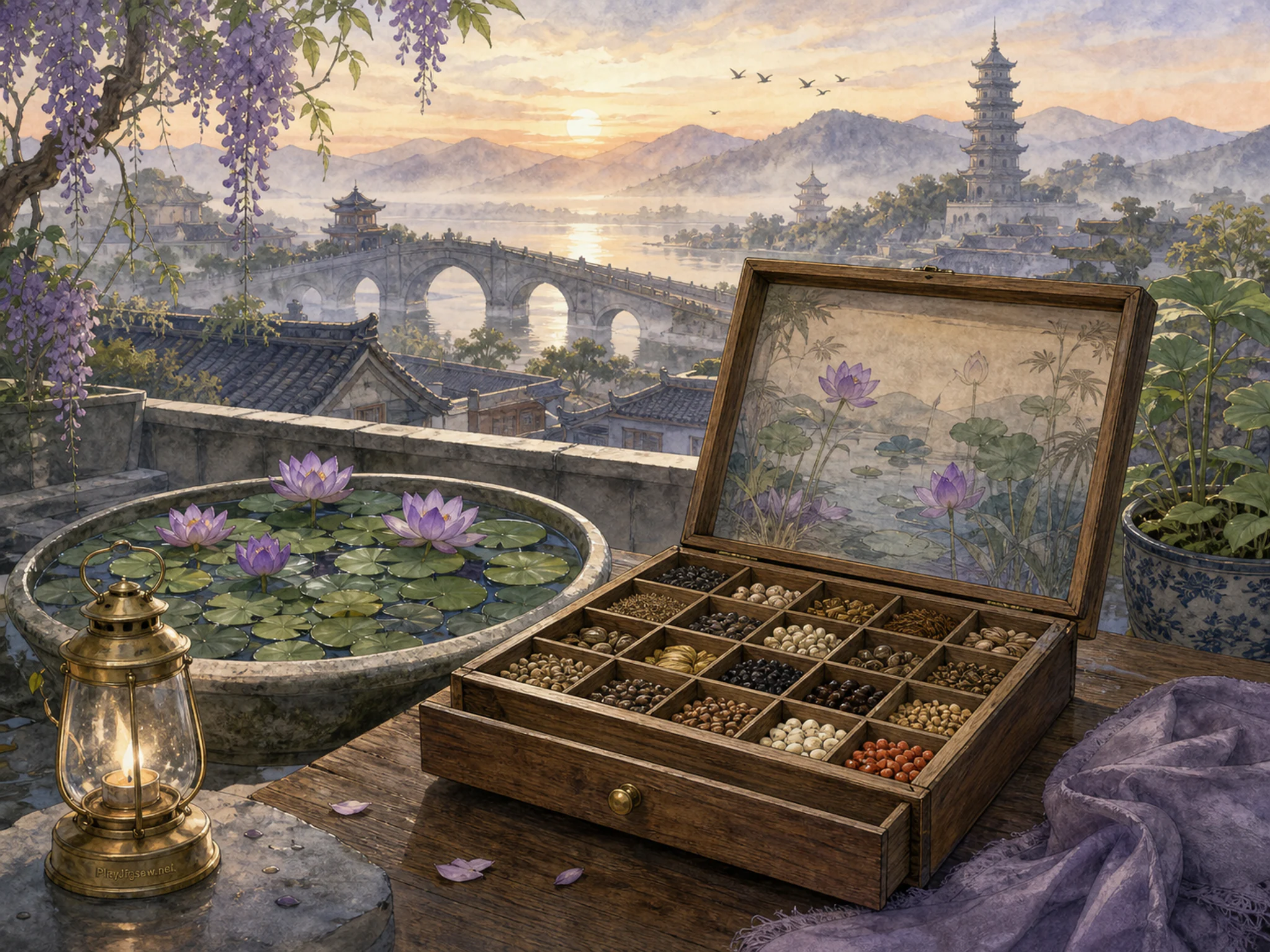Lily Bridge organized around number-free seed drawer in a breezy rooftop terrace, with layered scenery and calm misty dawn.