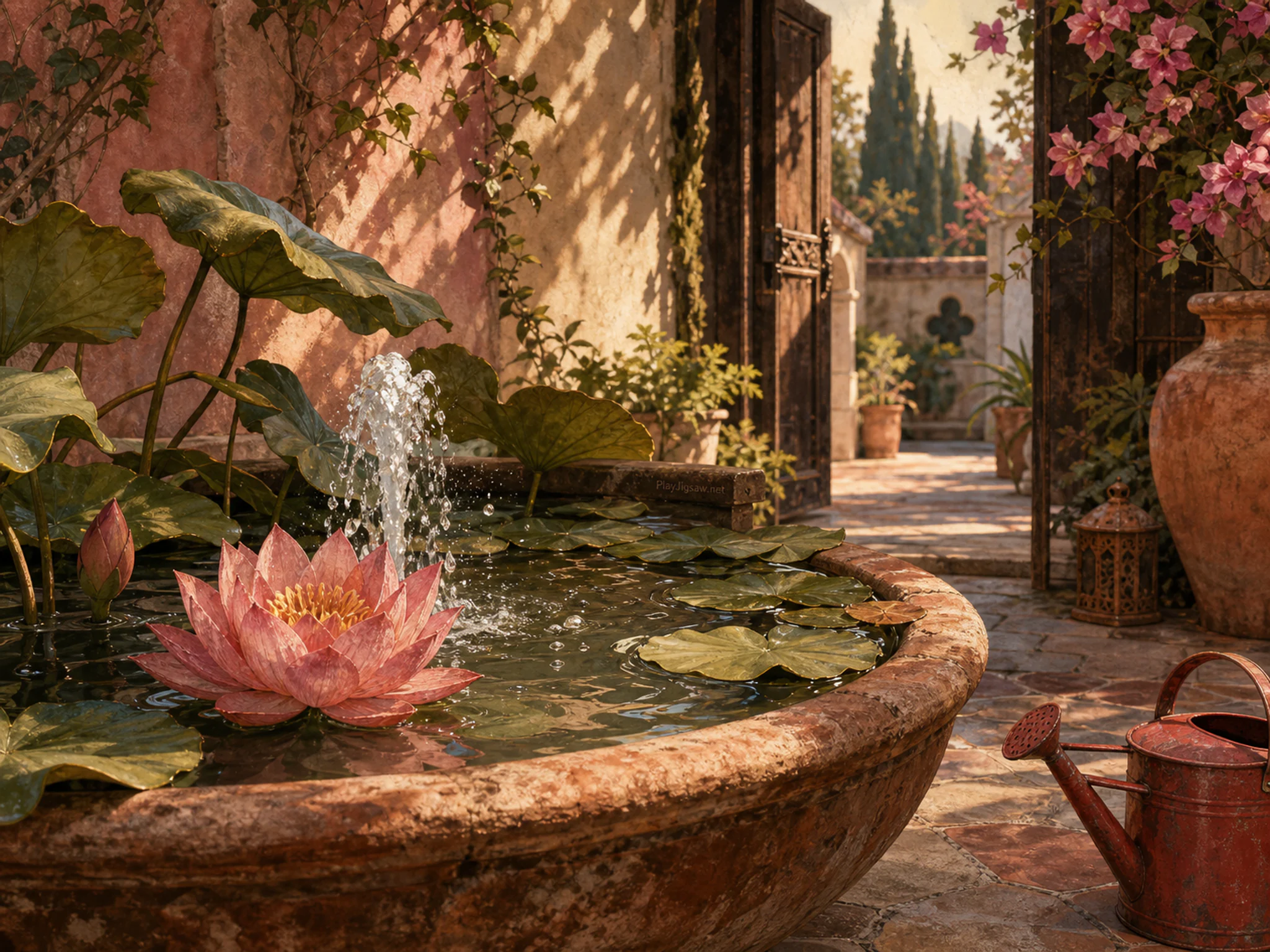 lotus fountain arranged naturally beside a red watering can in a modest courtyard water garden with a lotus fountain, with familiar objects and warm late-day sunlight.