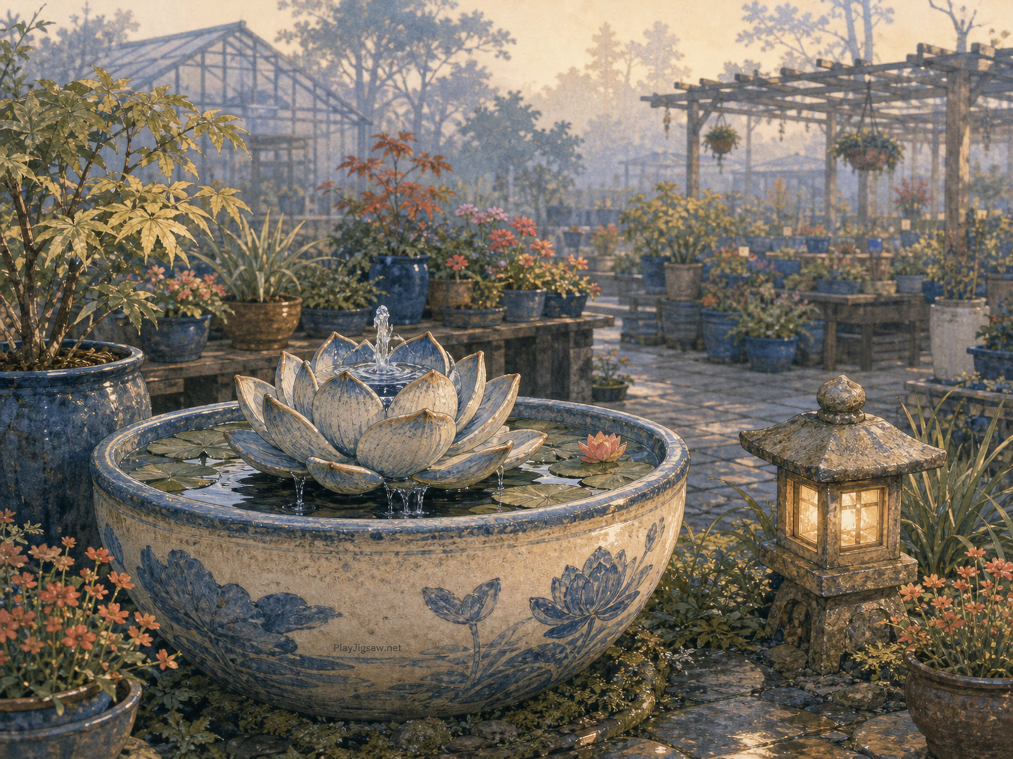 Lotus Fountain collecting water beside low garden lantern in a busy plant nursery, with layered scenery and calm misty dawn.