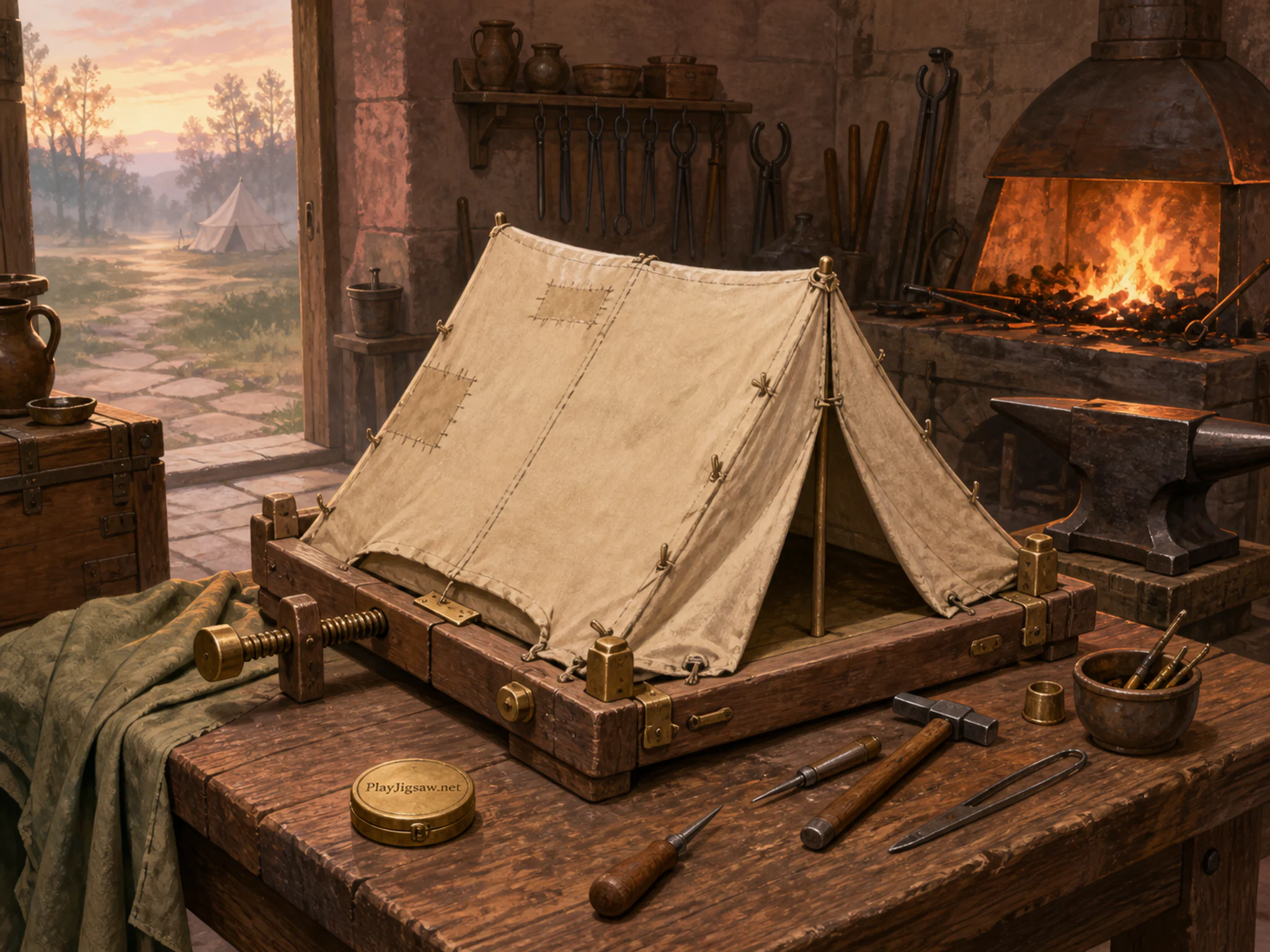 Field Tent carefully restored on wooden hand tool in a firelit metalworking room, with layered scenery and calm misty dawn.