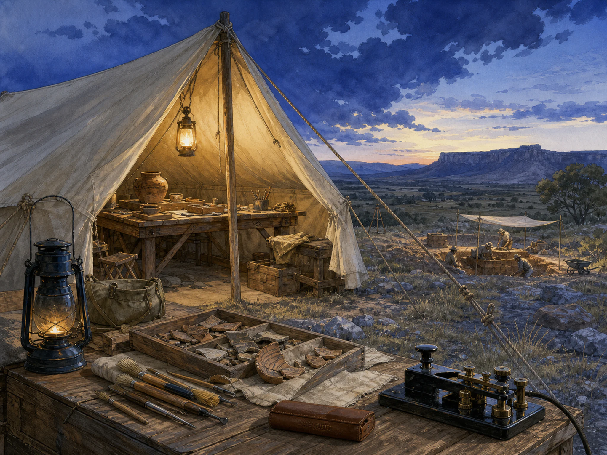 Field Tent being examined near black telegraph key in a canvas archaeological station, with layered scenery and cool blue-hour light.