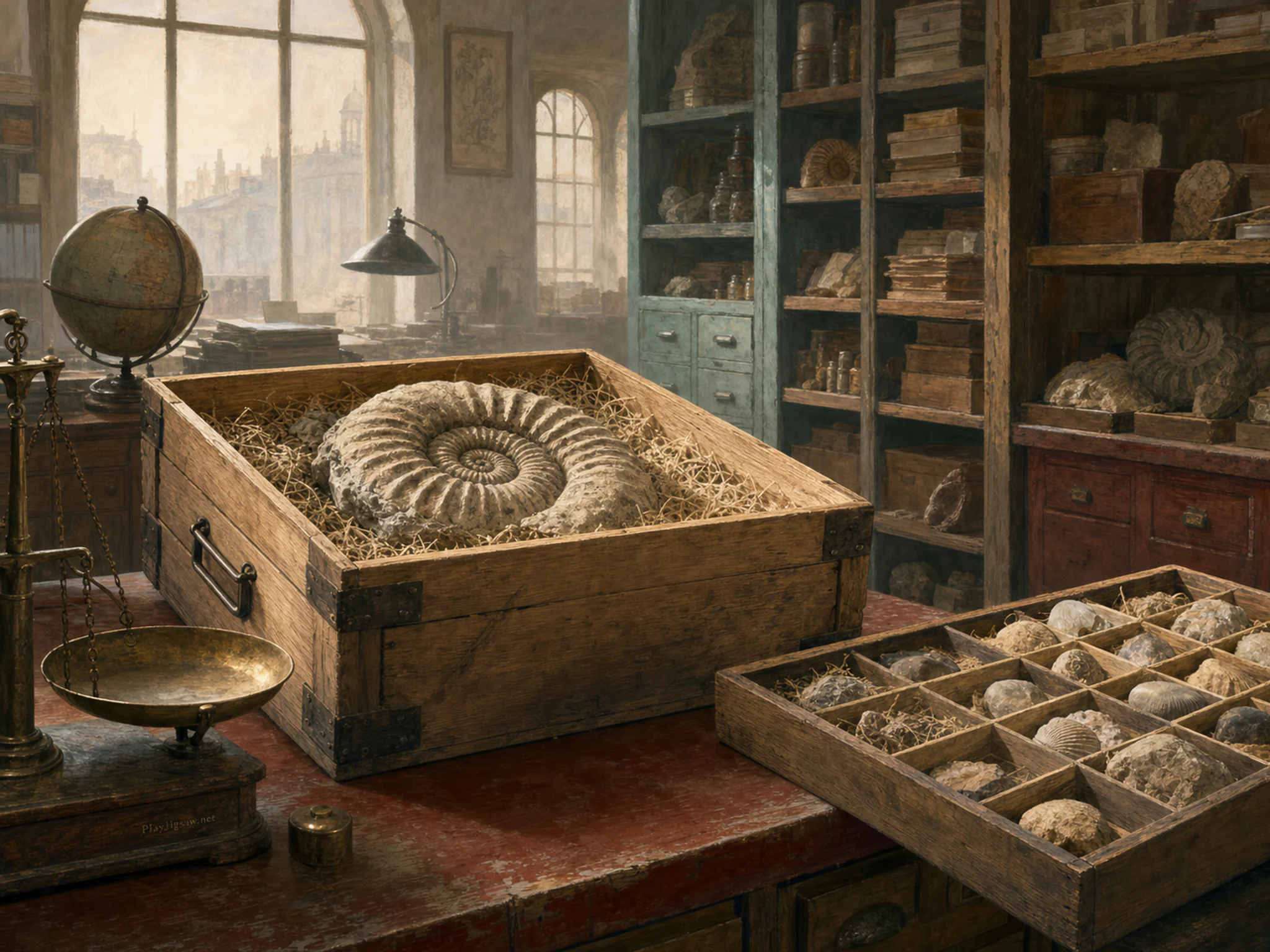 Fossil Crate waiting beside numbered-free specimen tray in a dust-lit municipal archive, with layered scenery and calm misty dawn.